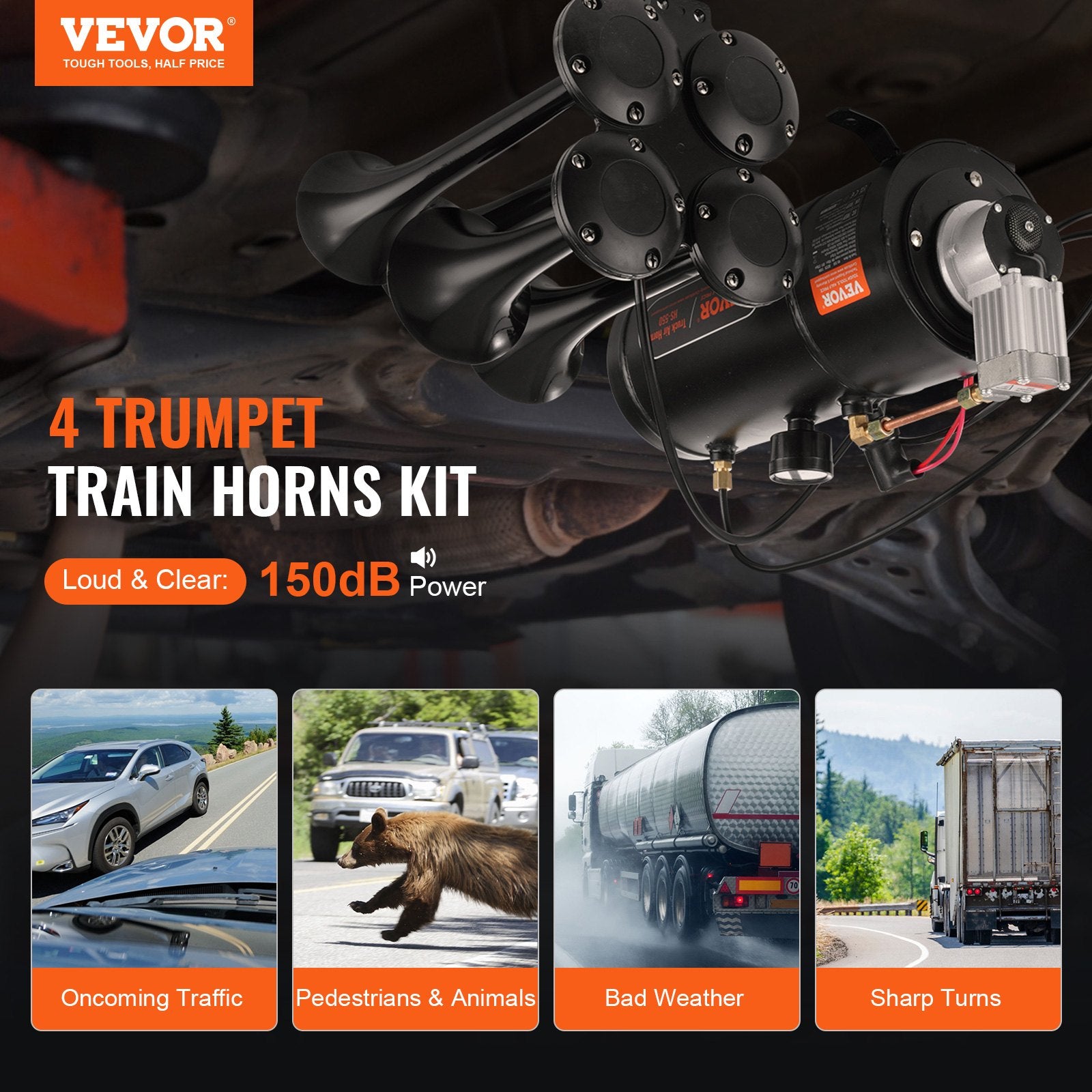 Train Horns Kit 4-Trumpet 150dB with 12V Air Compressor 3L Tank for Vehicles