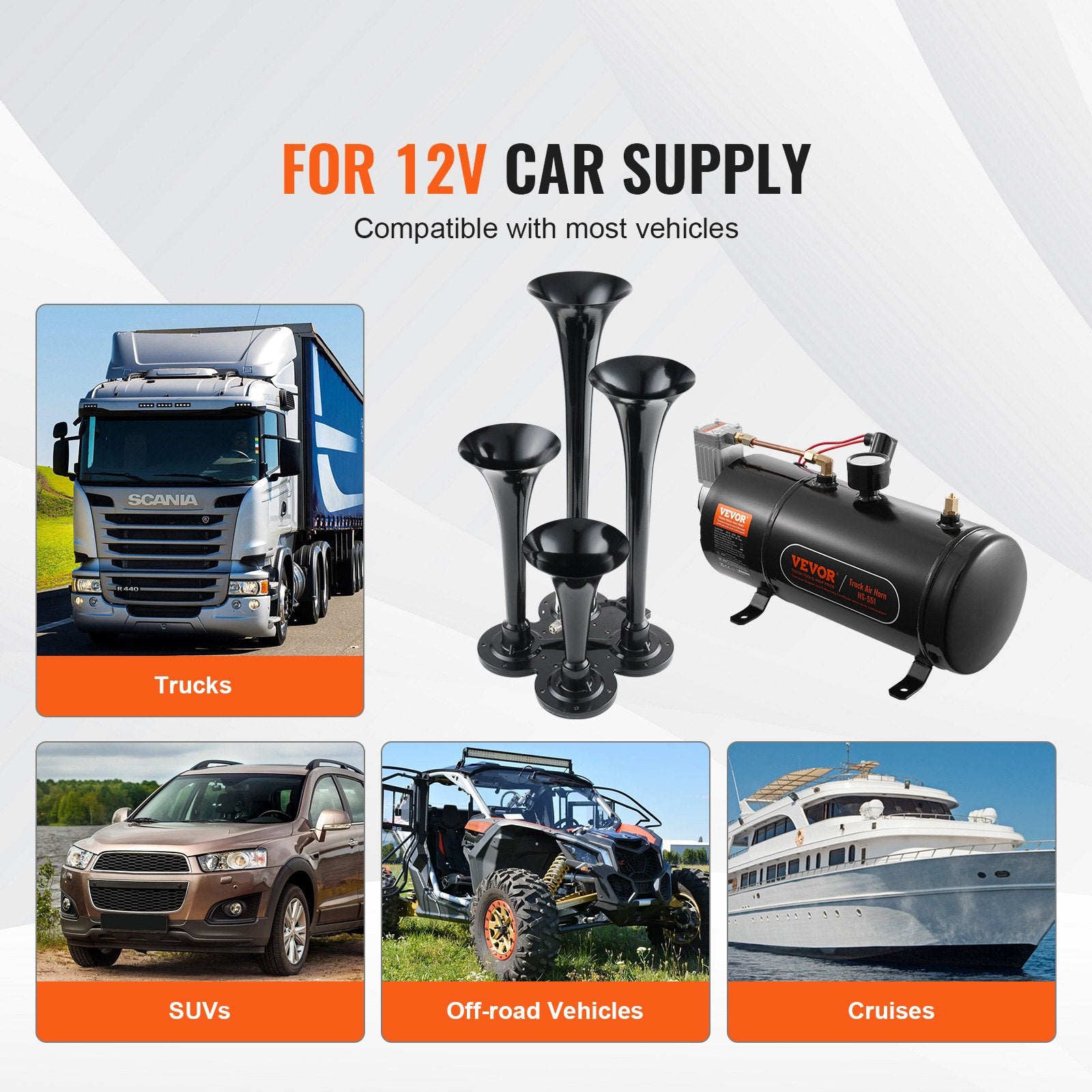 Train Horns Kit 4-Trumpet 150dB with 12V Air Compressor 3L Tank for Vehicles