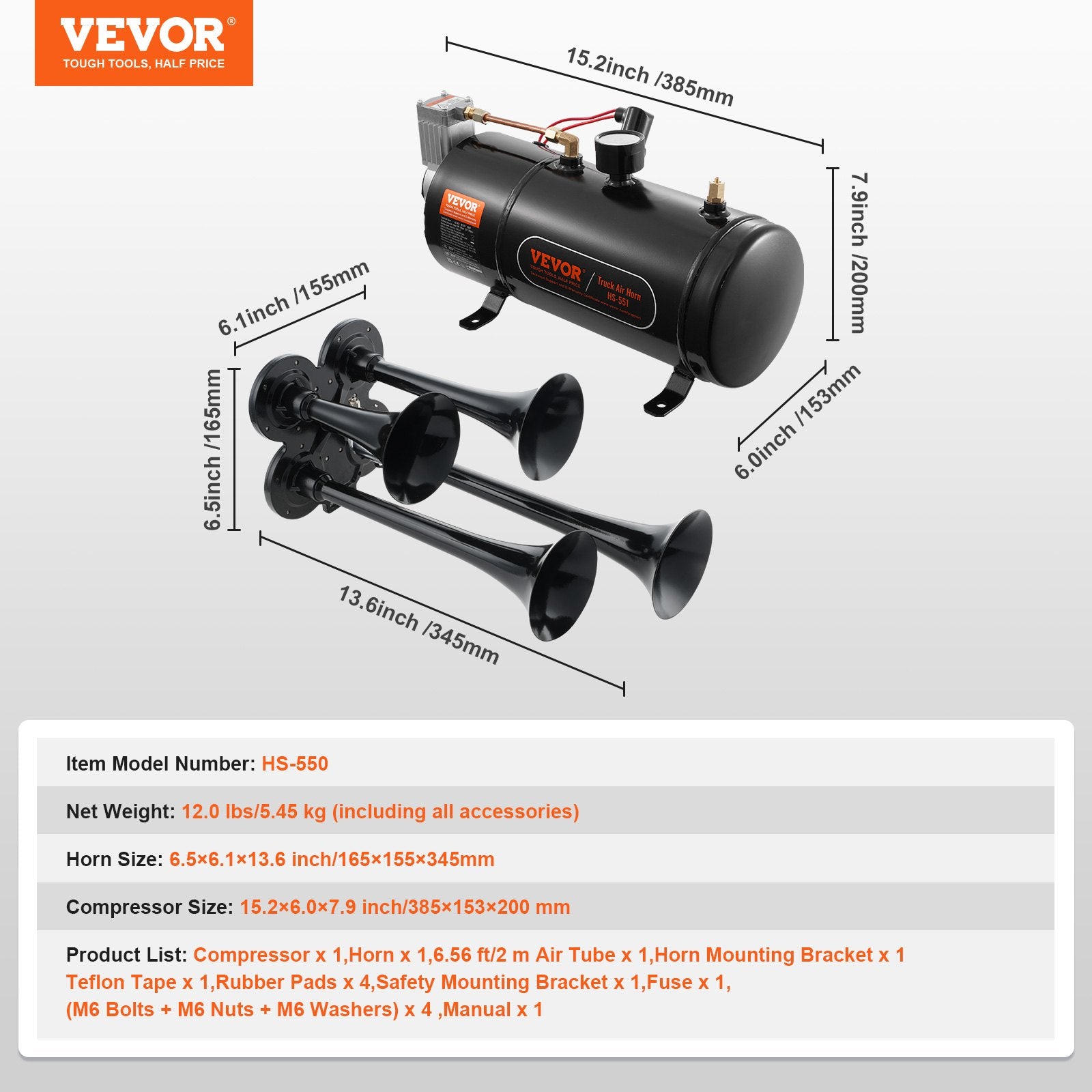 Train Horns Kit 4-Trumpet 150dB with 12V Air Compressor 3L Tank for Vehicles