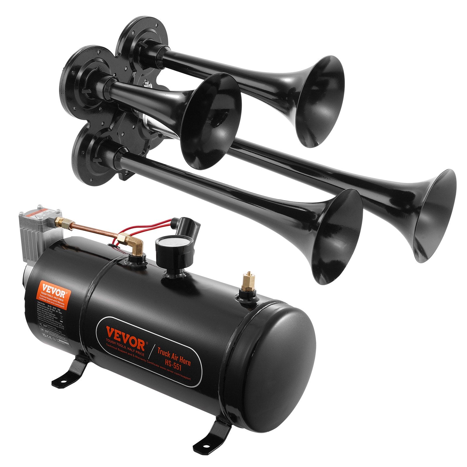 Train Horns Kit 4-Trumpet 150dB with 12V Air Compressor 3L Tank for Vehicles