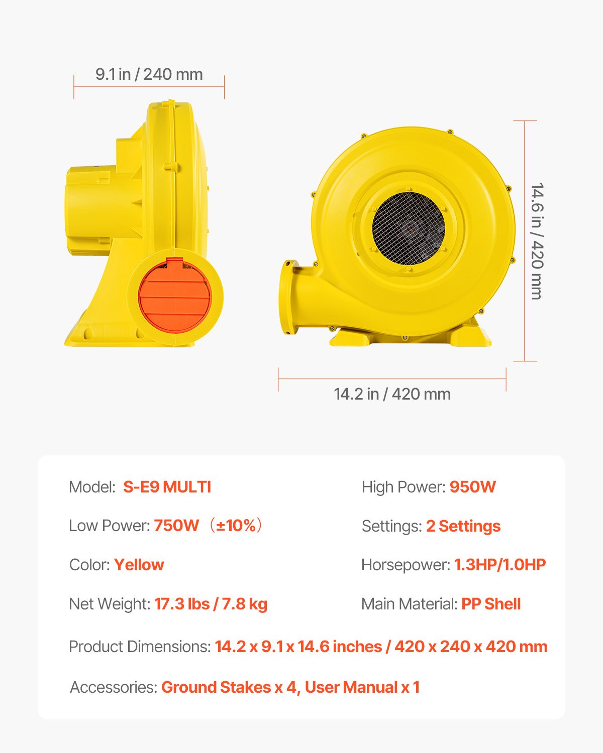 Inflatable Air Blower Pump Fan Bounce House Electric Pump Inflator Yellow