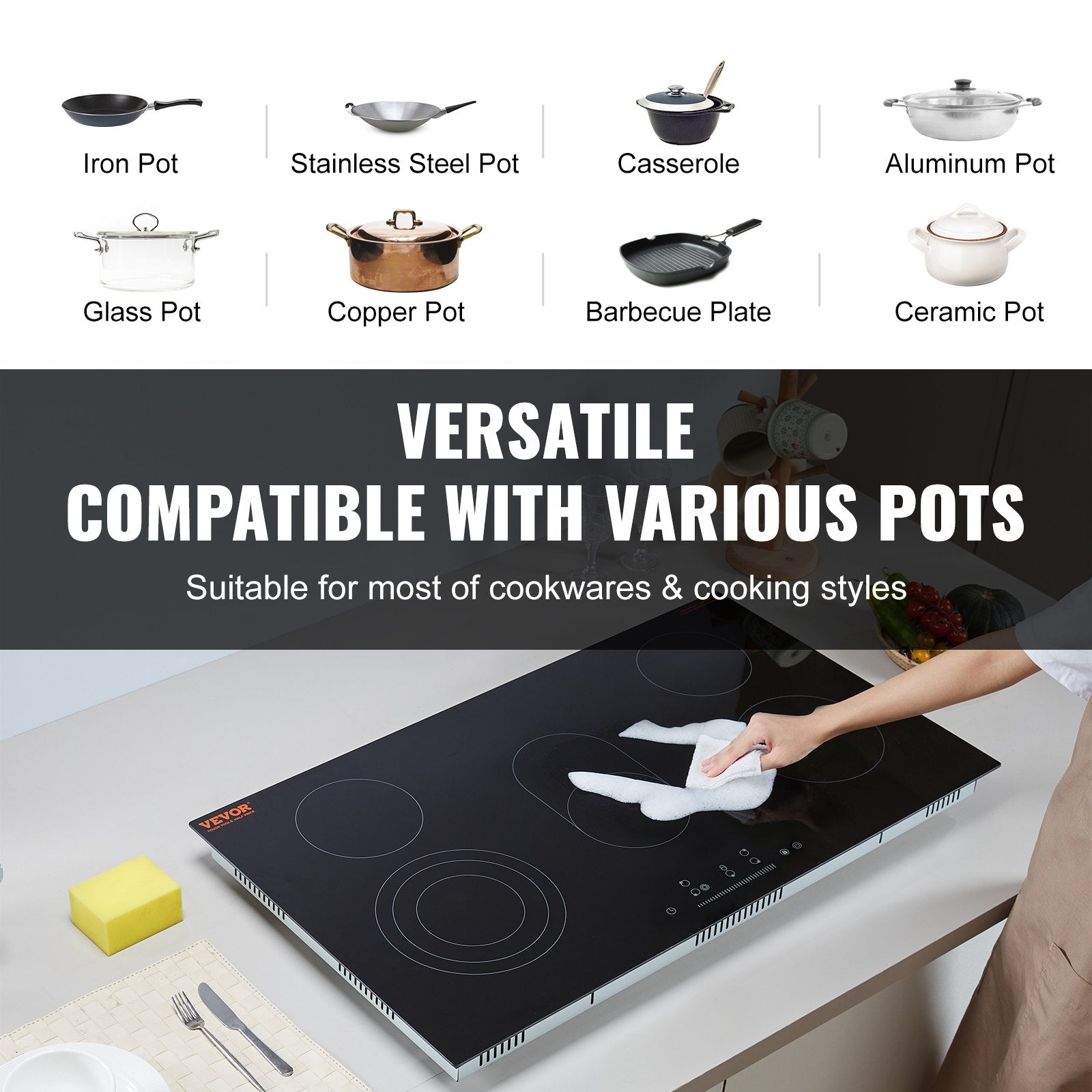 36" 5-Burner Electric Cooktop 8600W Ceramic Top Touch Control Child Lock