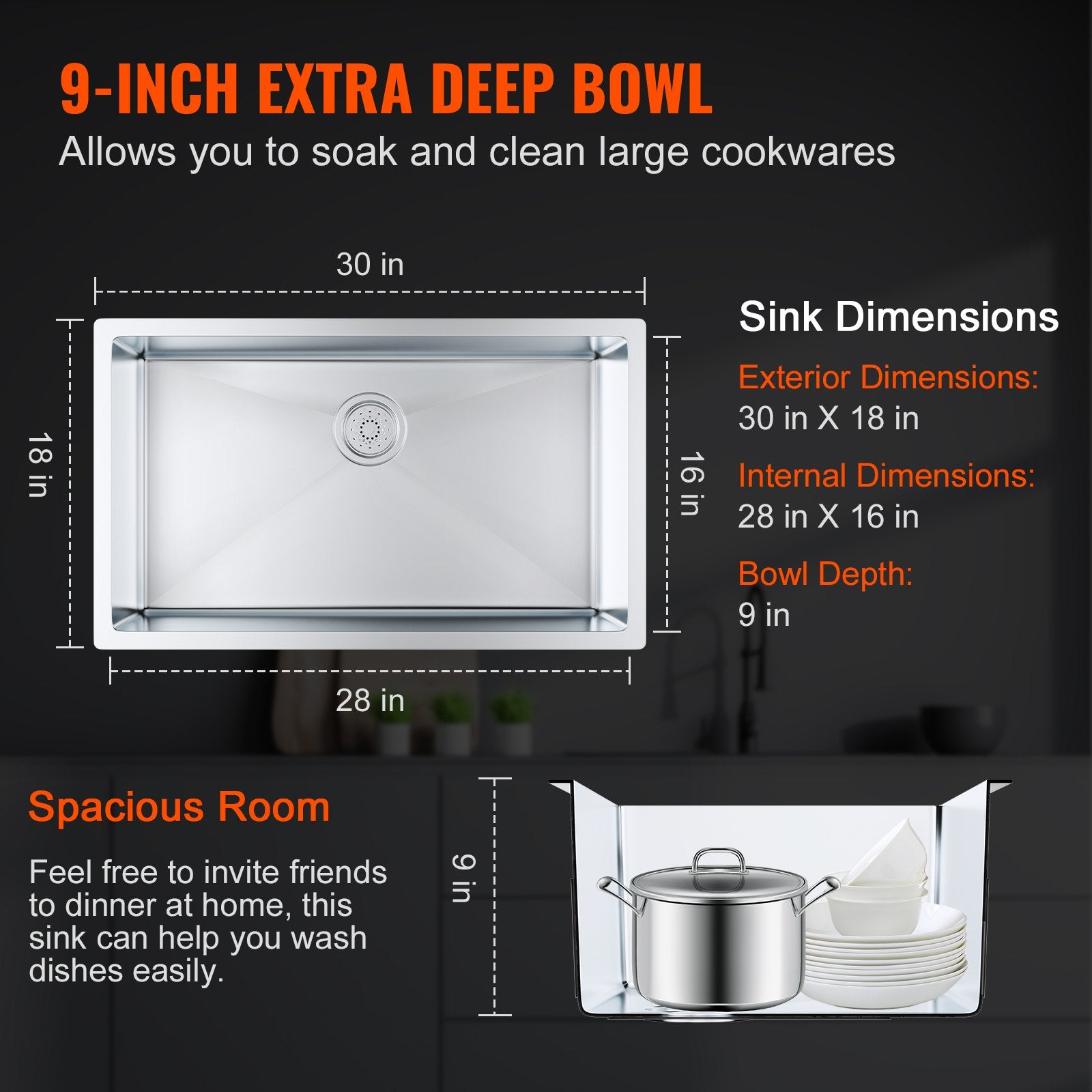 Kitchen Sink 30", 304 Stainless Steel Drop-In Single Bowl, Pack of 3 with Accessories