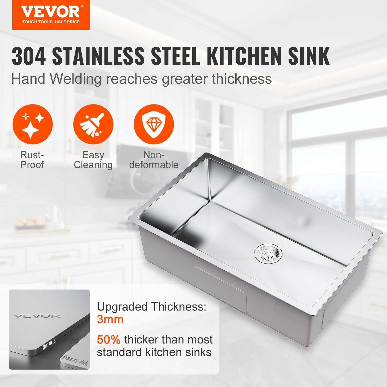 Kitchen Sink 32", 304 Stainless Steel Drop-In Single Bowl, Pack of 3 with Accessories