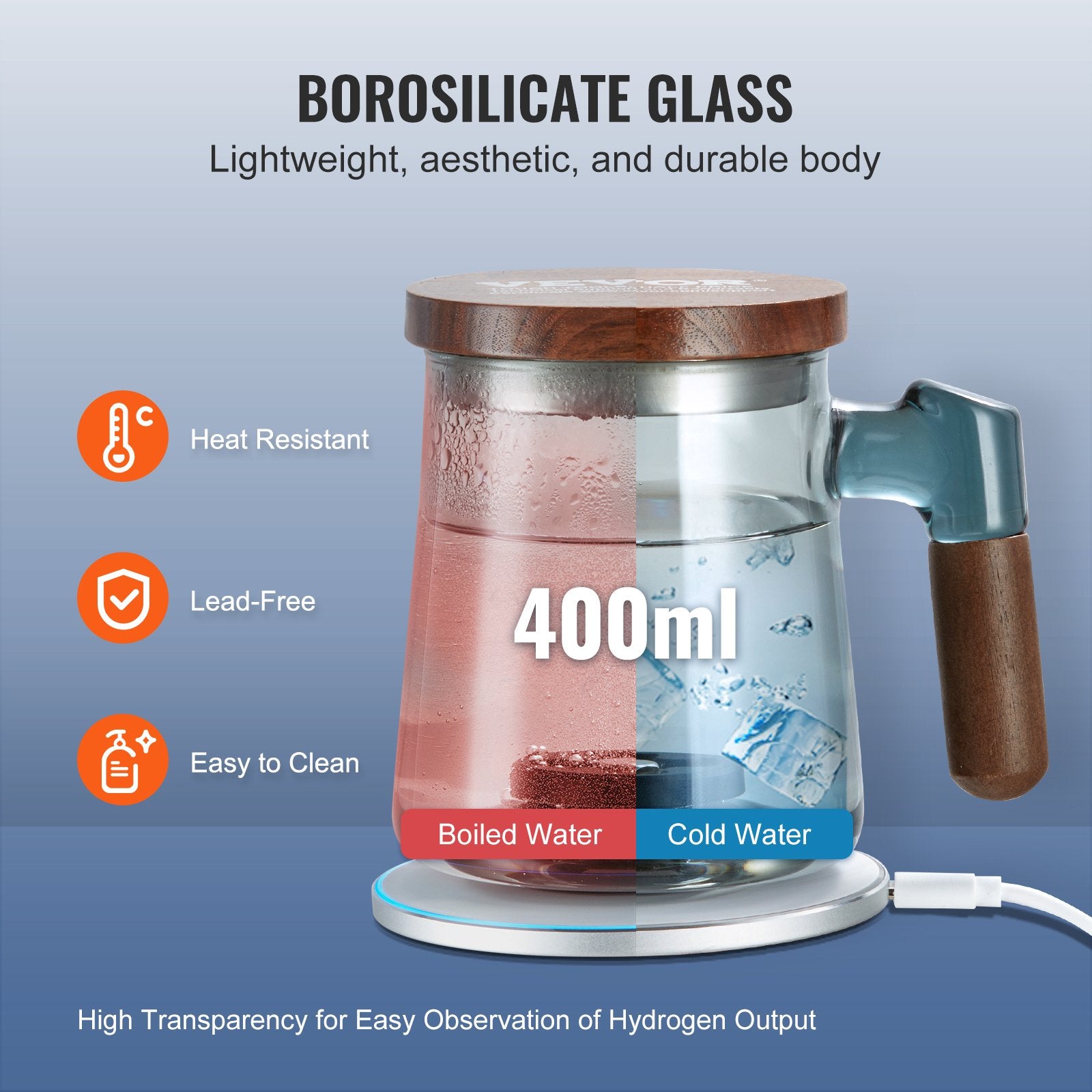 Hydrogen Water Cup 400ml Portable SPE Hydrogen Rich Water Ionizer Glass Bottle