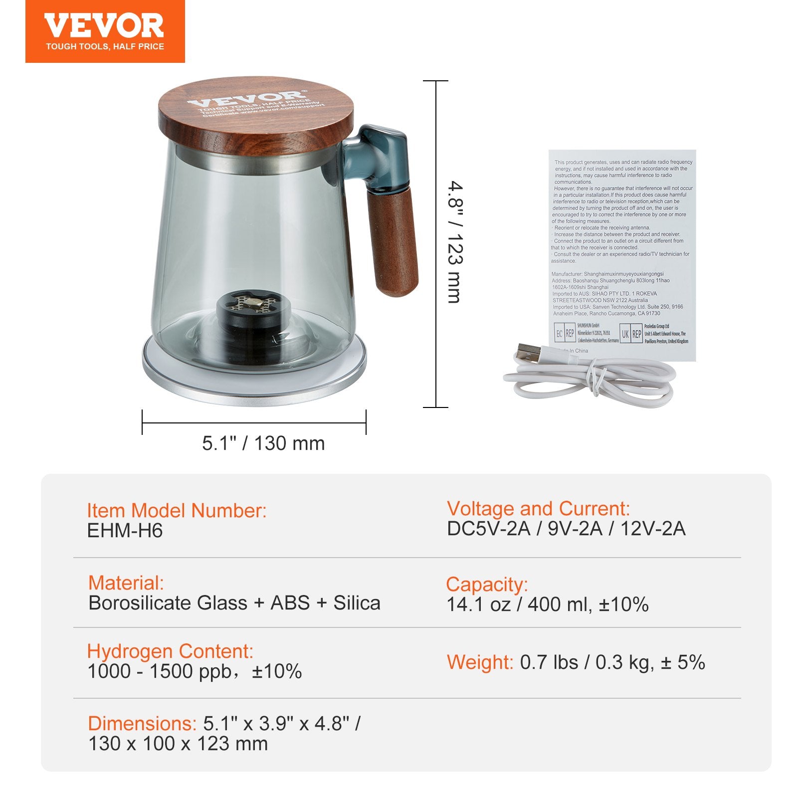 Hydrogen Water Cup 400ml Portable SPE Hydrogen Rich Water Ionizer Glass Bottle