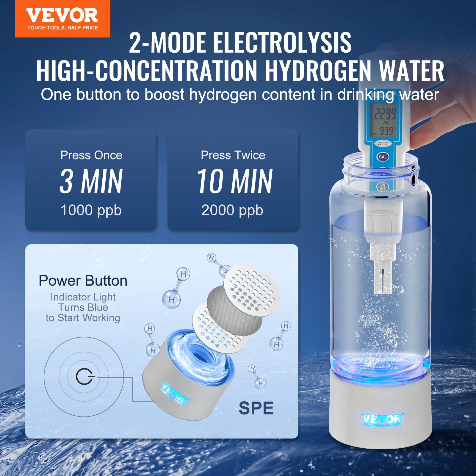 Hydrogen Water Bottle Generator 380ml Portable SPE Hydrogen Rich Water Ionizer