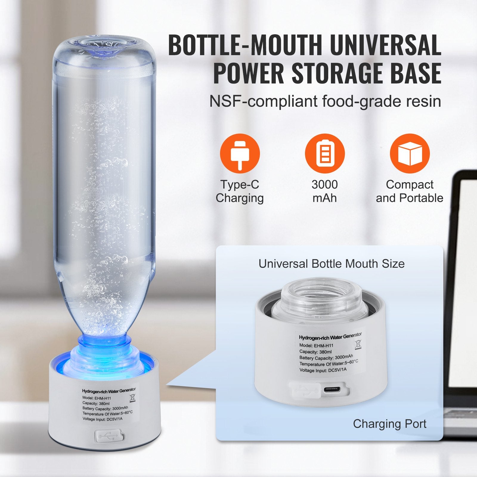 Hydrogen Water Bottle Generator 380ml Portable SPE Hydrogen Rich Water Ionizer