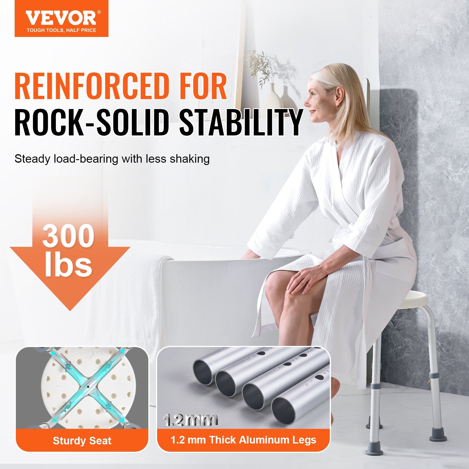 Shower Chair Adjustable Height Non-Slip Shower Stool 300 lbs Capacity