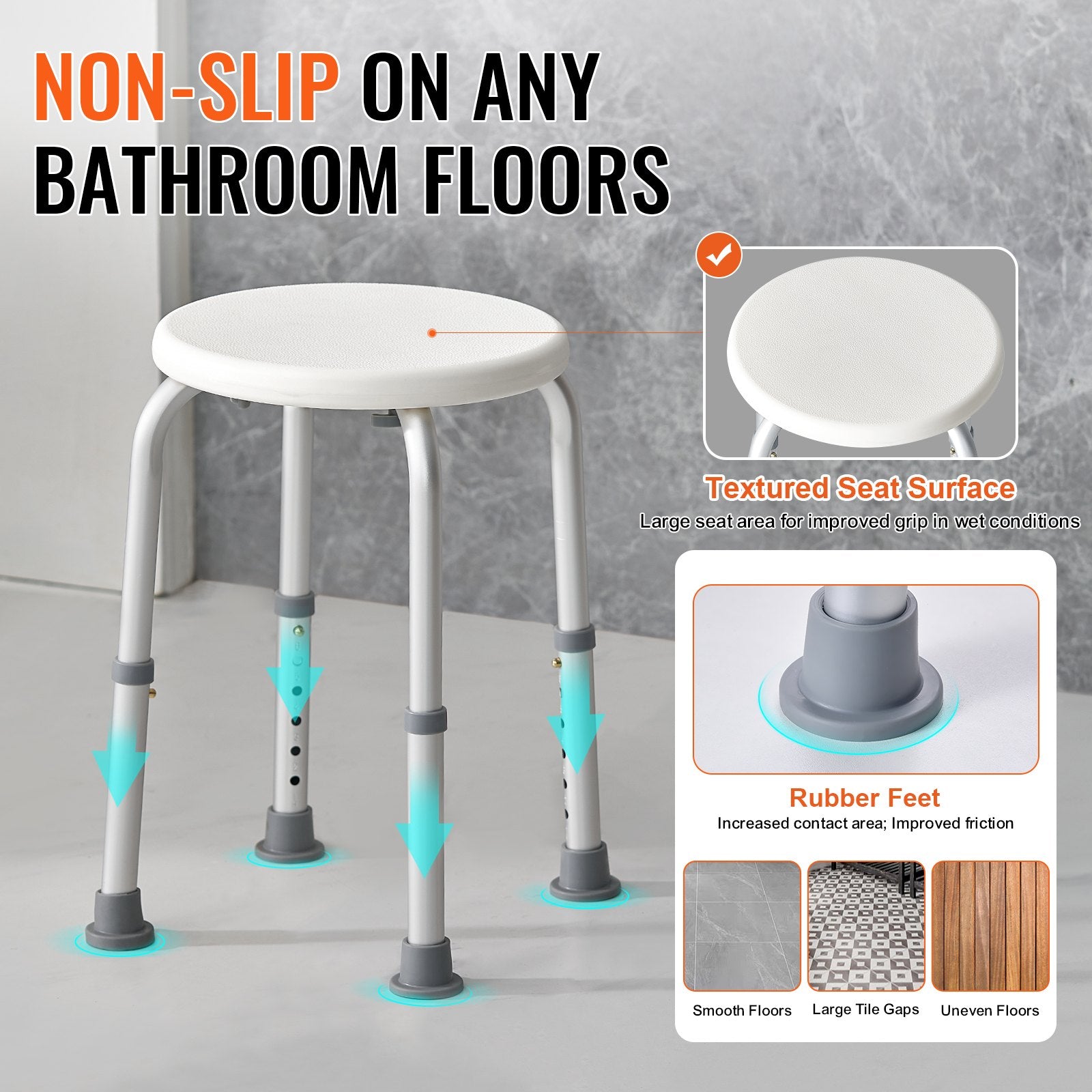 Shower Chair Adjustable Height Non-Slip Shower Stool 300 lbs Capacity