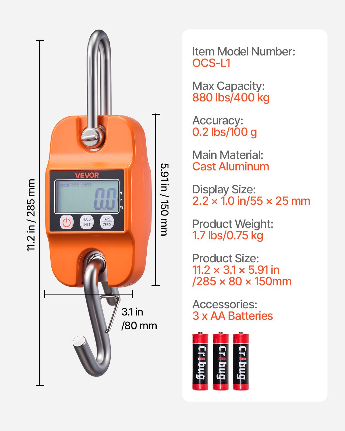 Digital Crane Scale 880lbs/400kg Handheld Hanging with LCD Cast Aluminum Orange