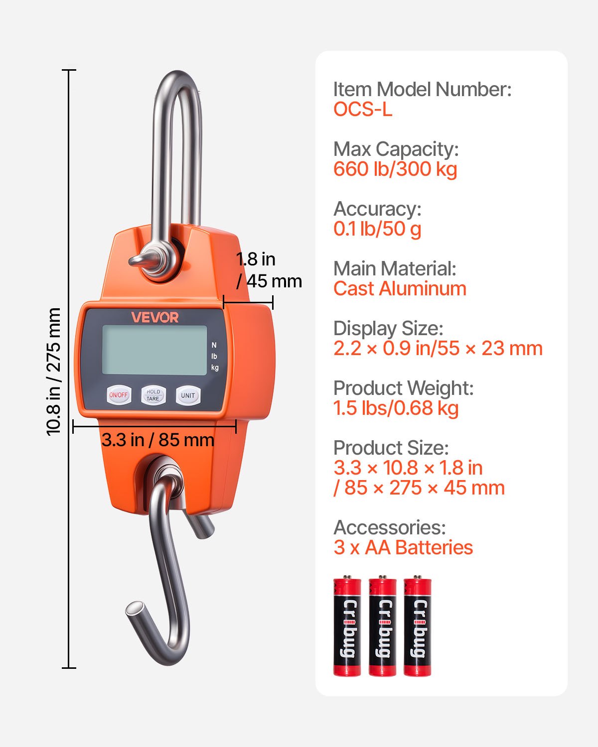 Digital Crane Scale 660lbs/300kg Handheld Hanging with LCD Cast Aluminum Orange