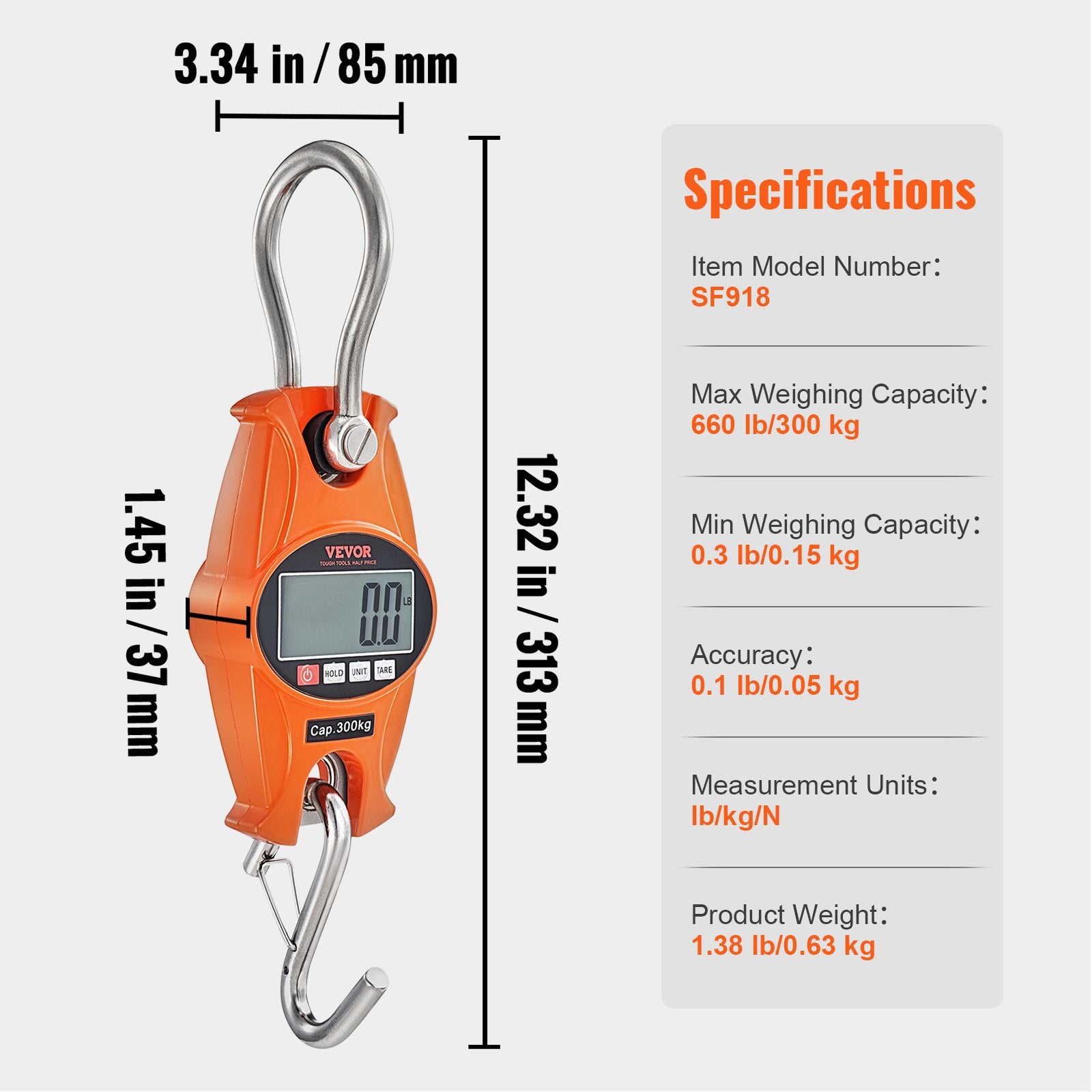 Digital Crane Scale 660 lbs/300 kg Heavy Duty Hanging Scale LCD Orange