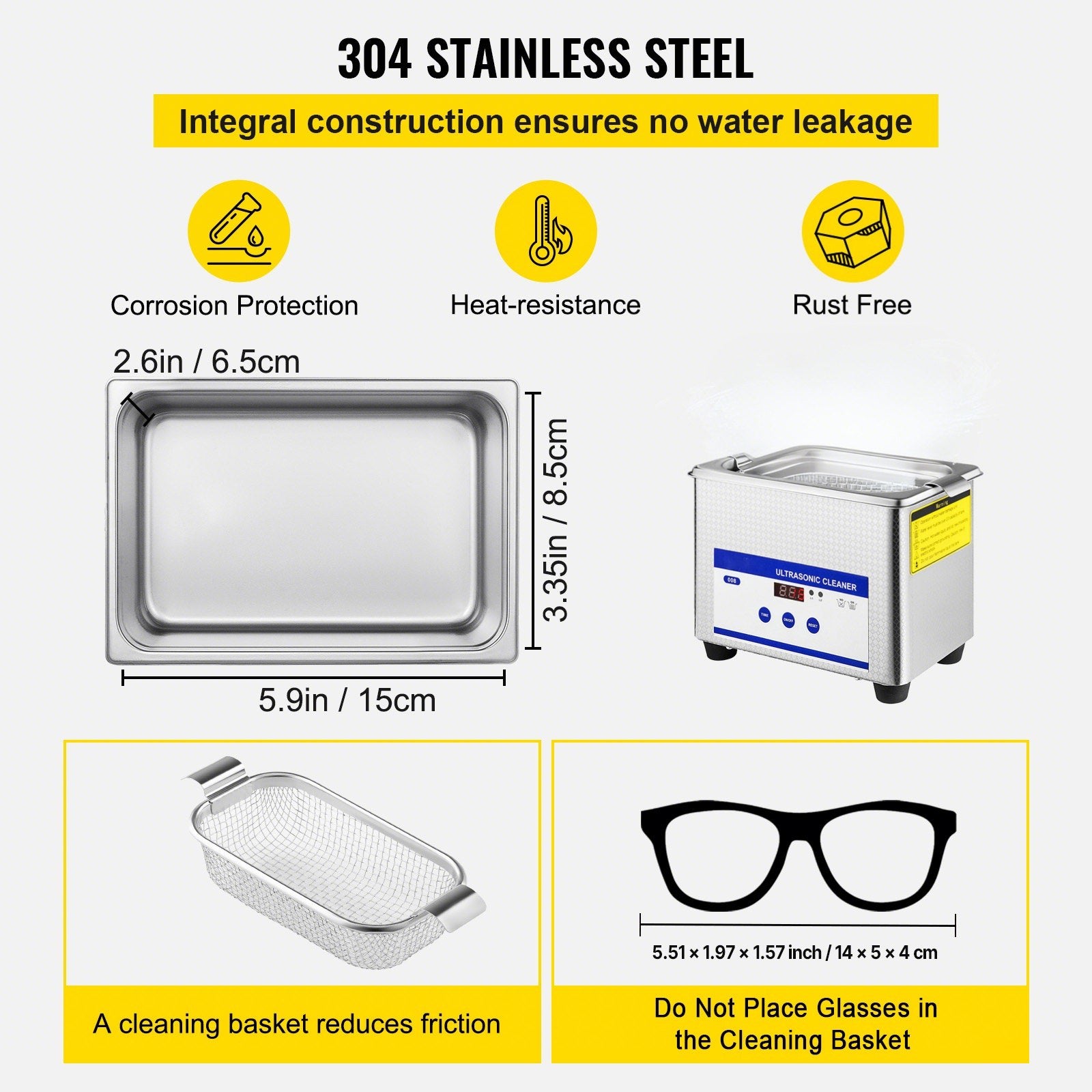 Ultrasonic Cleaner 0.8L Stainless Steel Digital Timer for Jewelry Watch Glasses