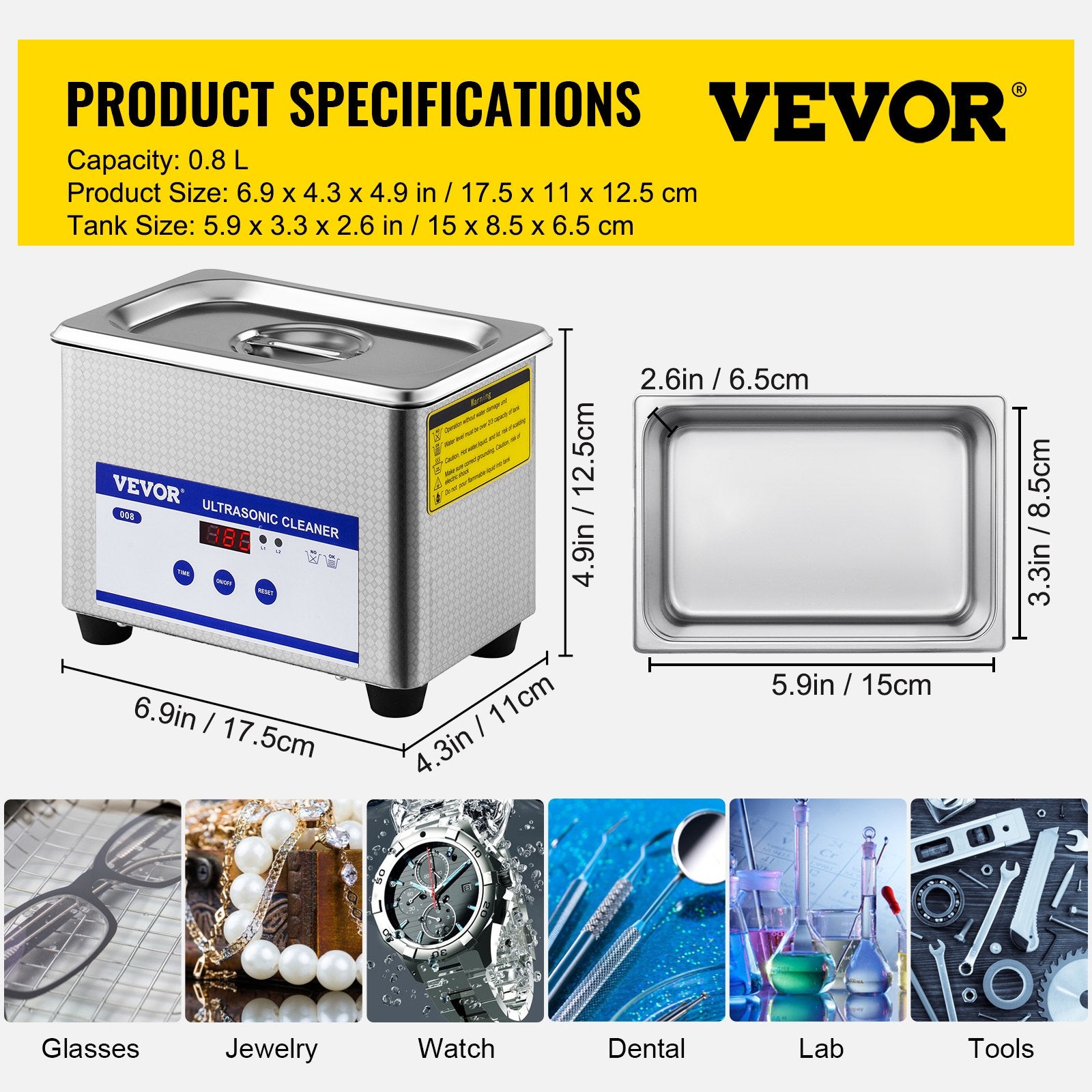 Ultrasonic Cleaner 0.8L Stainless Steel Digital Timer for Jewelry Watch Glasses