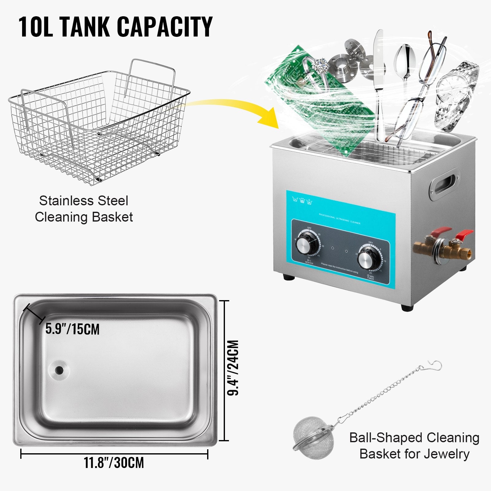 Ultrasonic Jewelry Cleaner Heater Timer for Eyeglass Rings Dentures Instruments