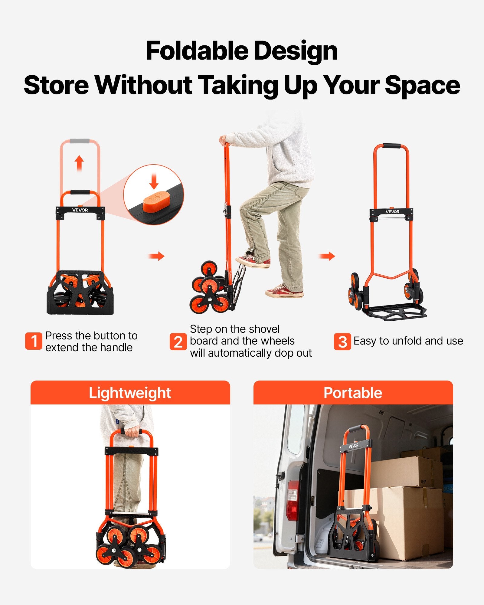 Stair Climbing Folding Hand Truck Cart with Telescoping Handle and Bungee Cords