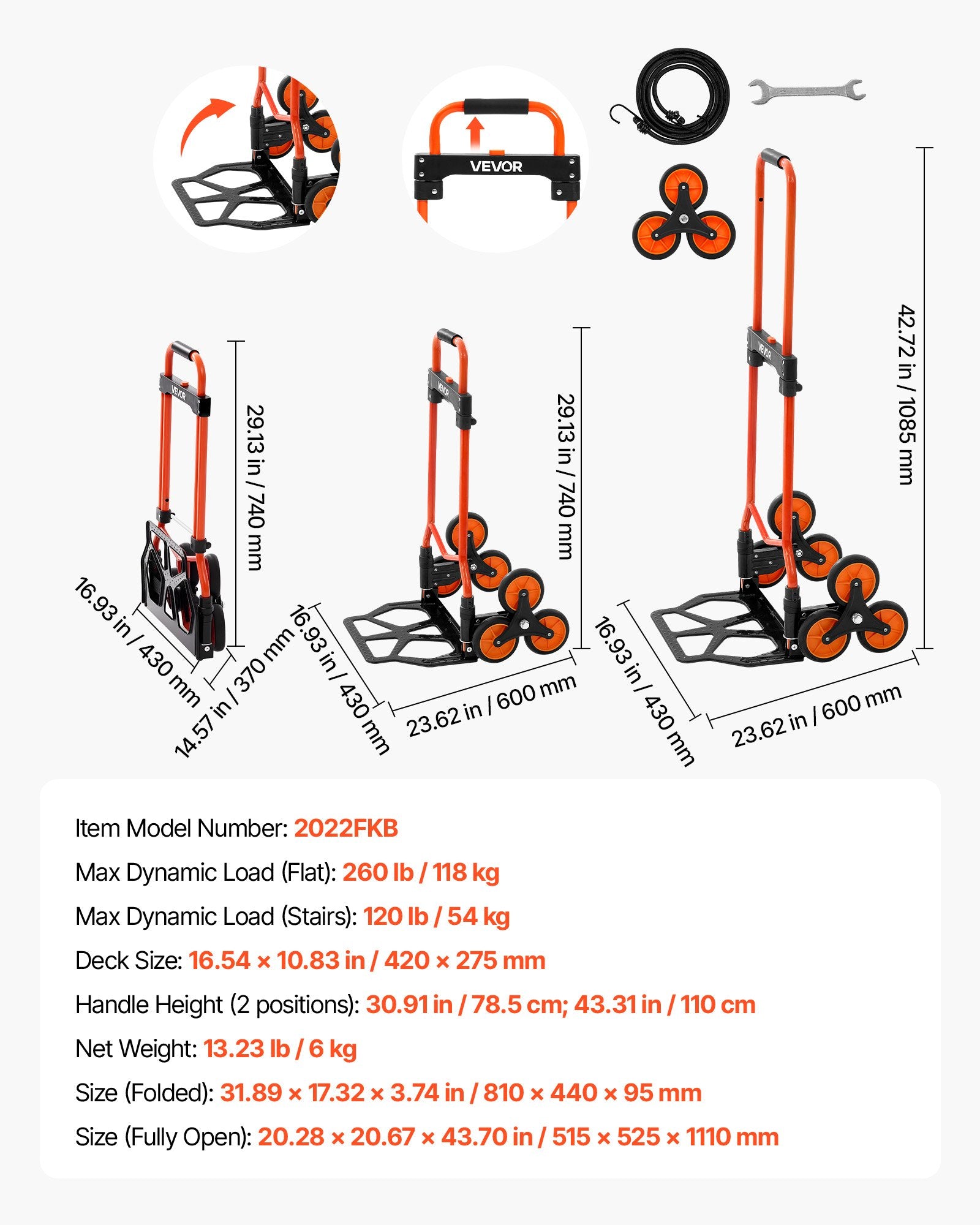 Stair Climbing Folding Hand Truck Cart with Telescoping Handle and Bungee Cords