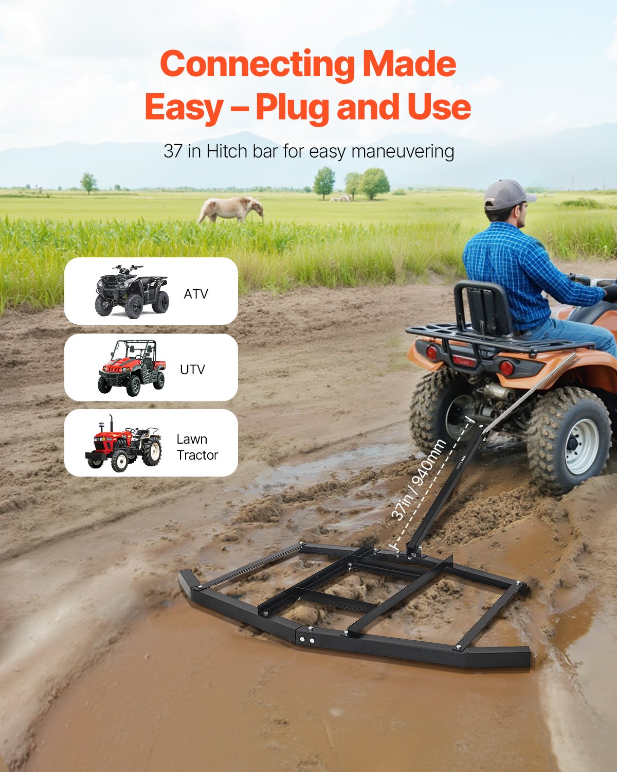 Drag Harrow 66in, Tow-Behind, Q235 Steel, Adjustable Bars, Tractor & ATV Use