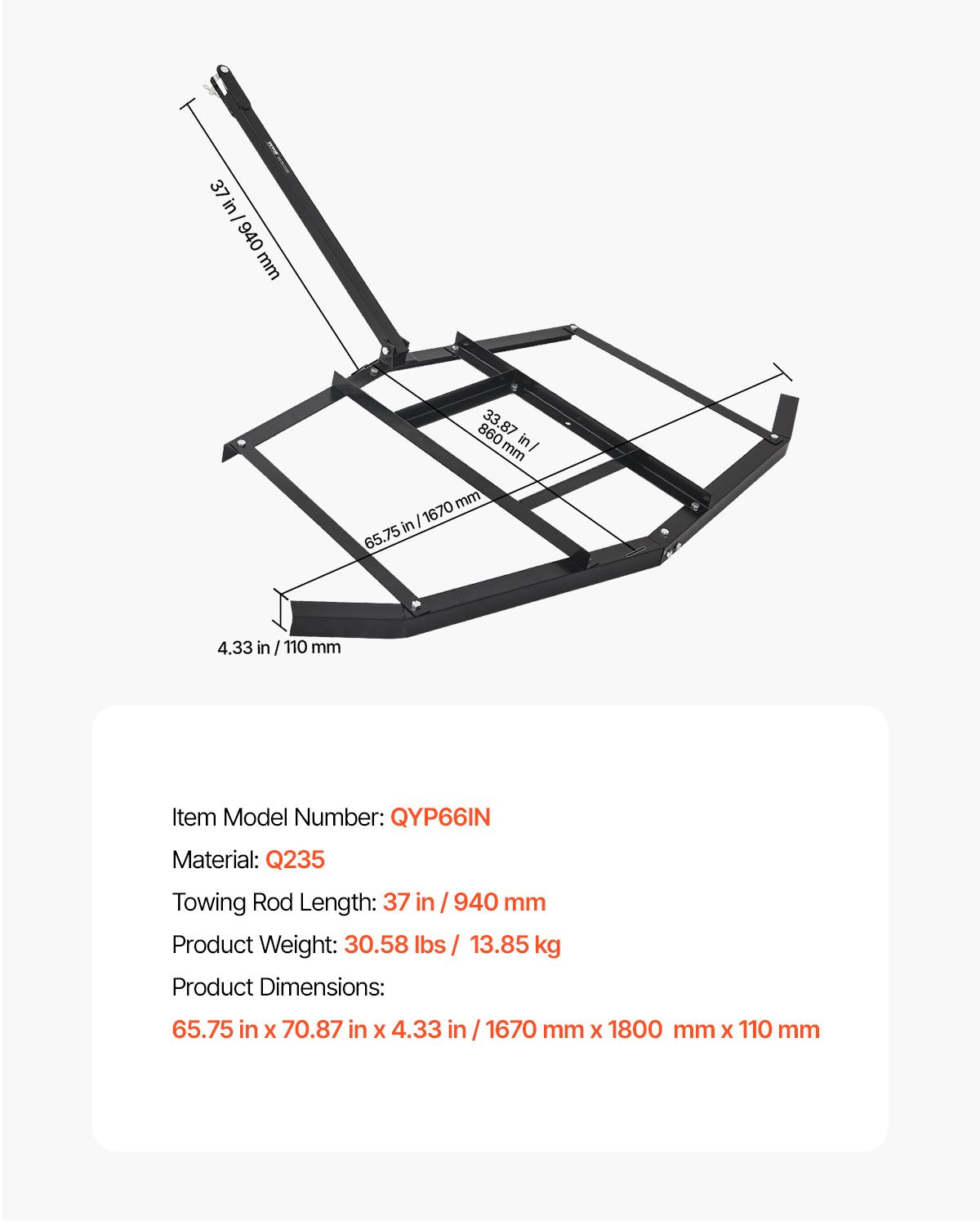 Drag Harrow 66in, Tow-Behind, Q235 Steel, Adjustable Bars, Tractor & ATV Use