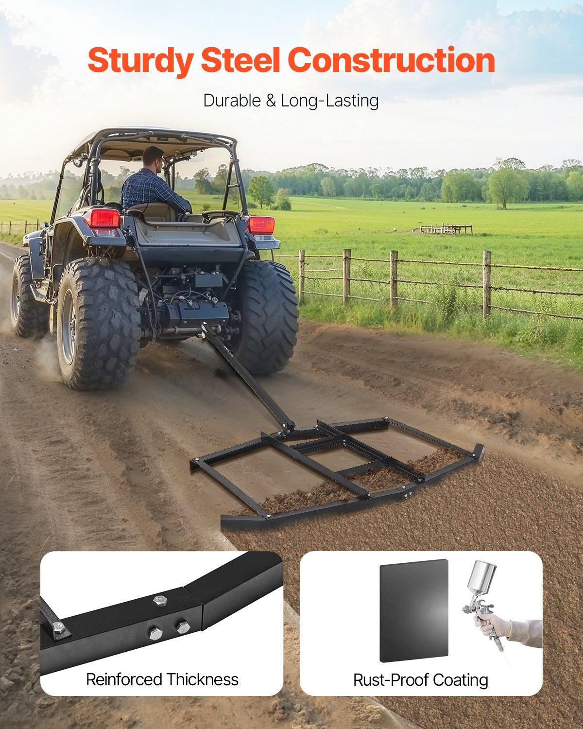 74in Tow Behind Drag Harrow Q235 Steel Driveway Grader for ATVs UTVs Tractors