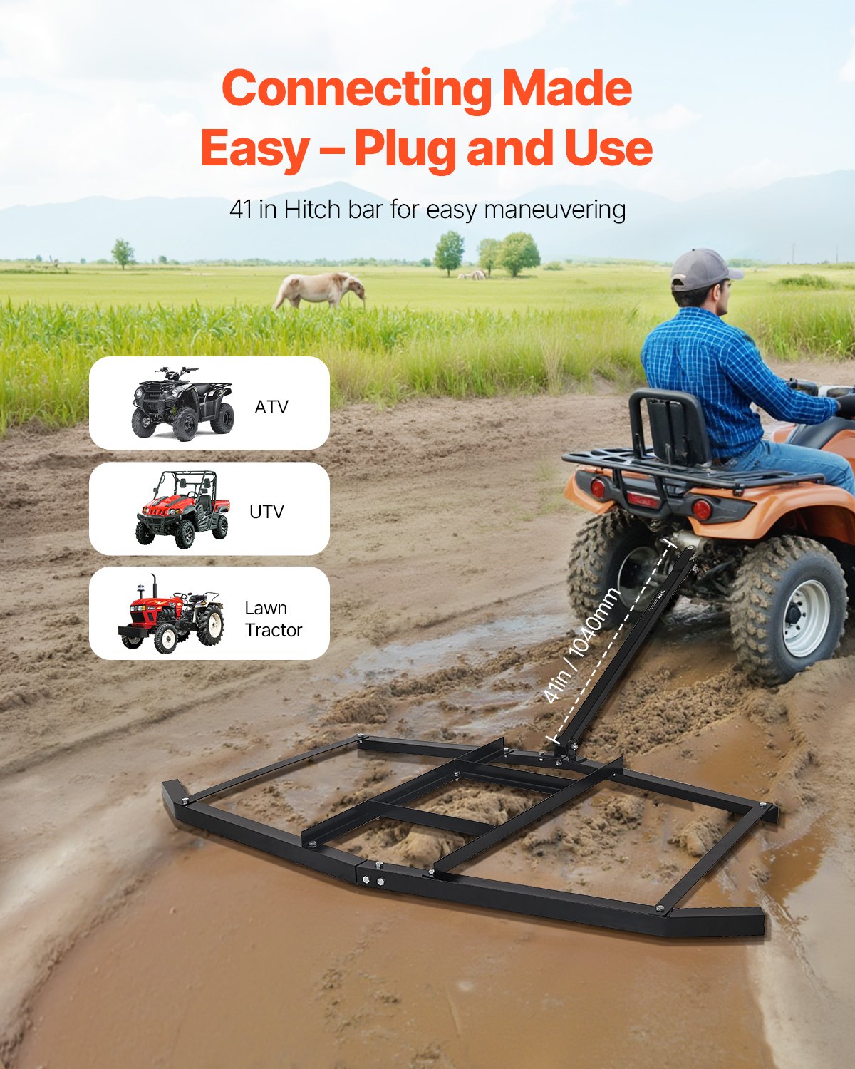 74in Tow Behind Drag Harrow Q235 Steel Driveway Grader for ATVs UTVs Tractors