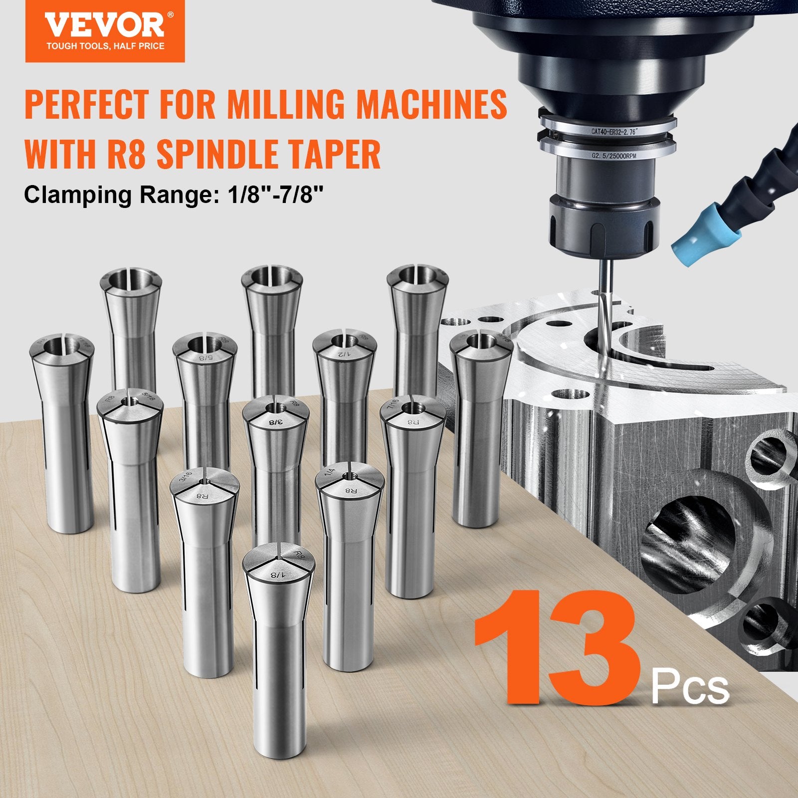 13 Pcs R8 Collet Set 1/8 to 7/8 Precision Milling Chuck 0.0012 TIR