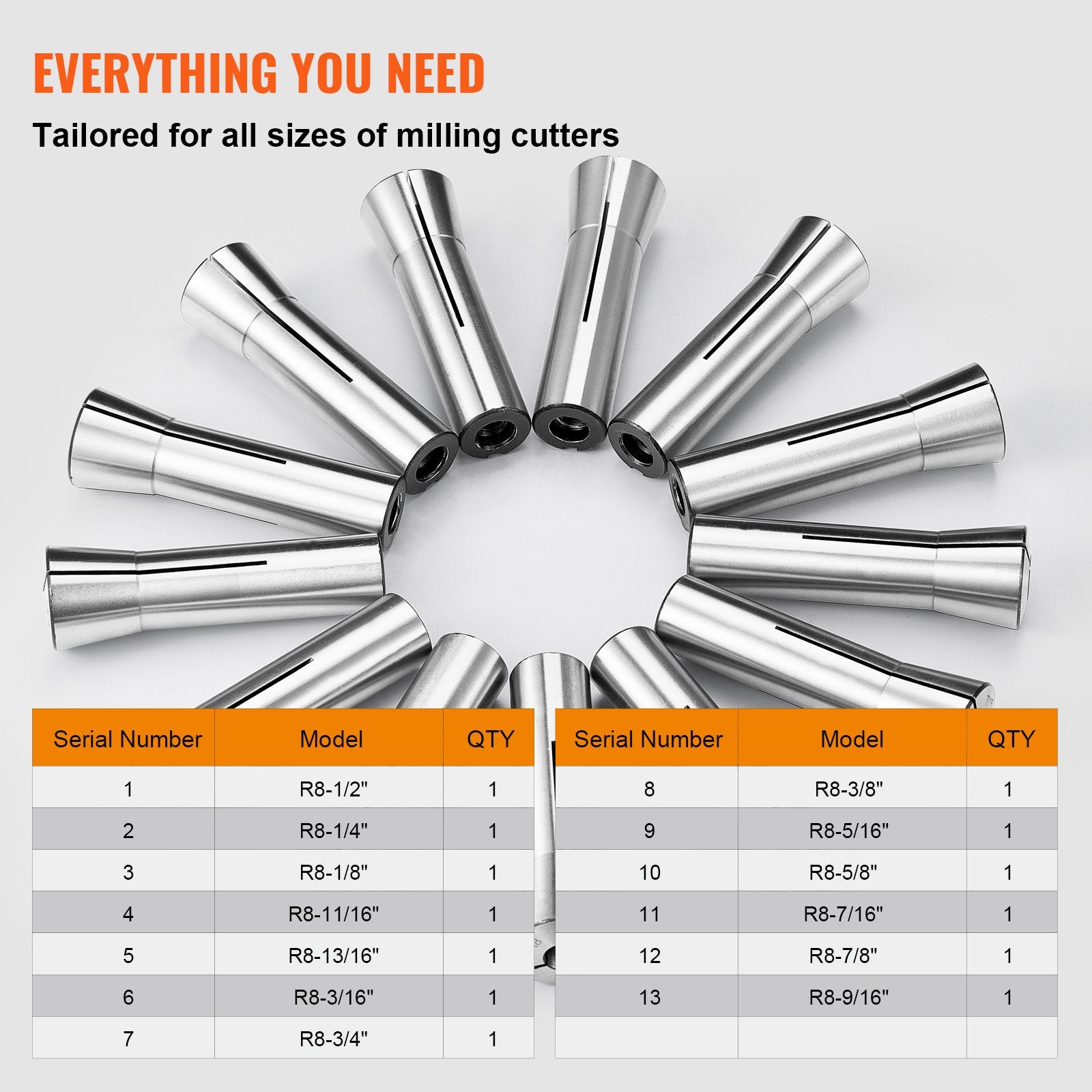 13 Pcs R8 Collet Set 1/8 to 7/8 Precision Milling Chuck 0.0012 TIR