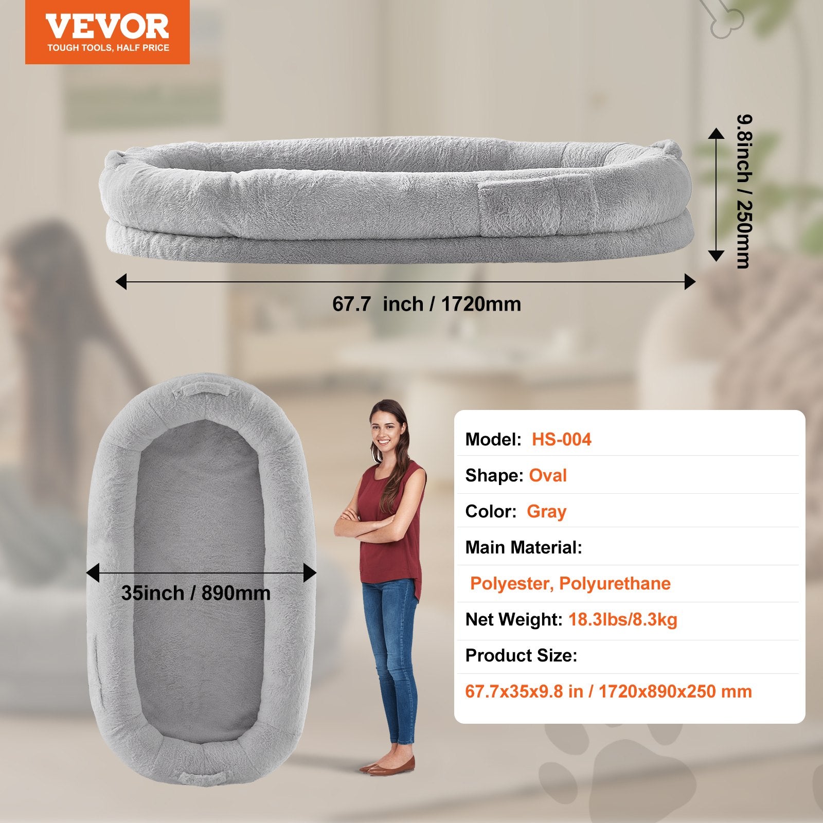 Human Dog Bed 172 x 89 x 25 cm Orthopedic Foam Washable Cover Grey