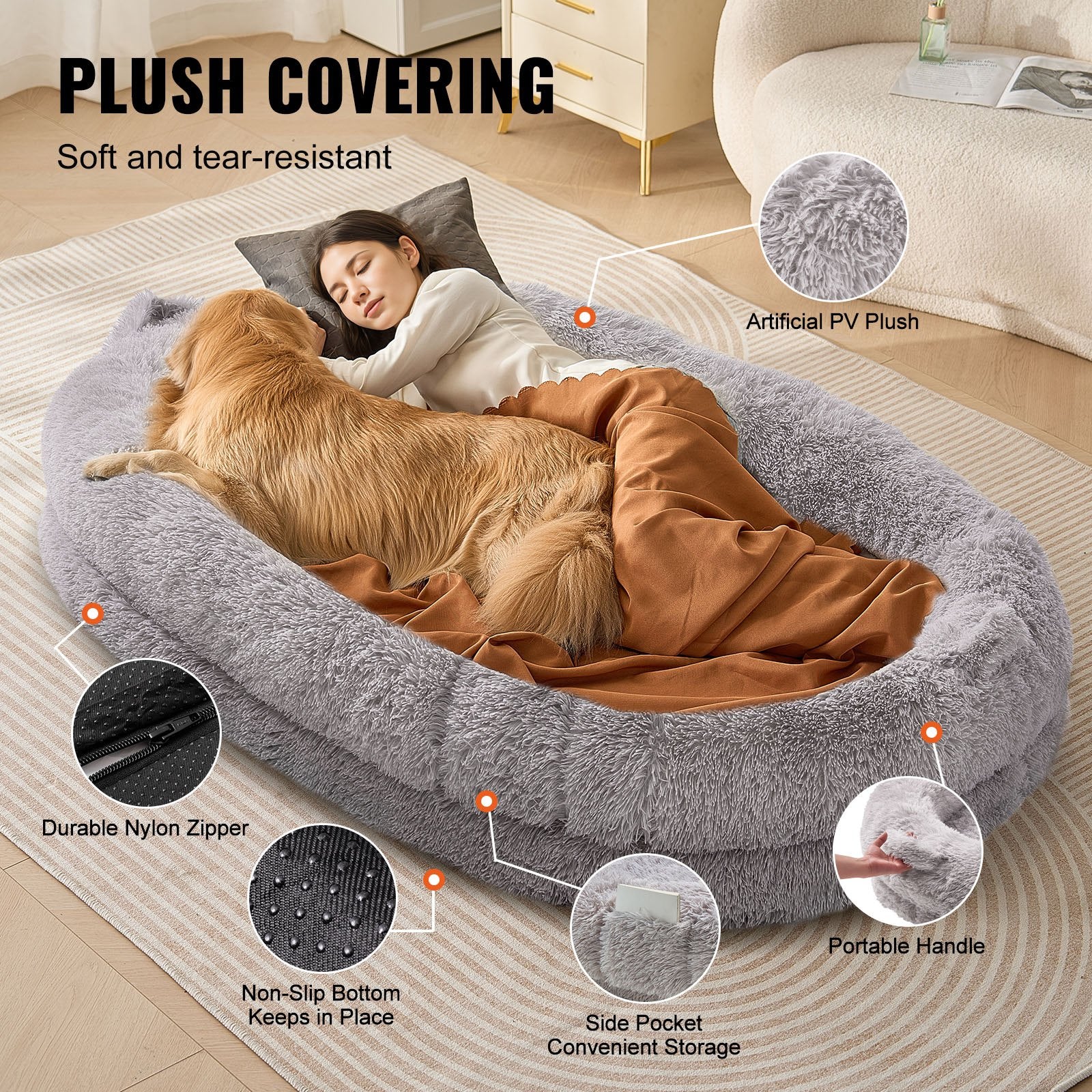 Human Dog Bed 1820x1220x250mm Adult Size Washable PV Velvet Egg Foam Light Grey