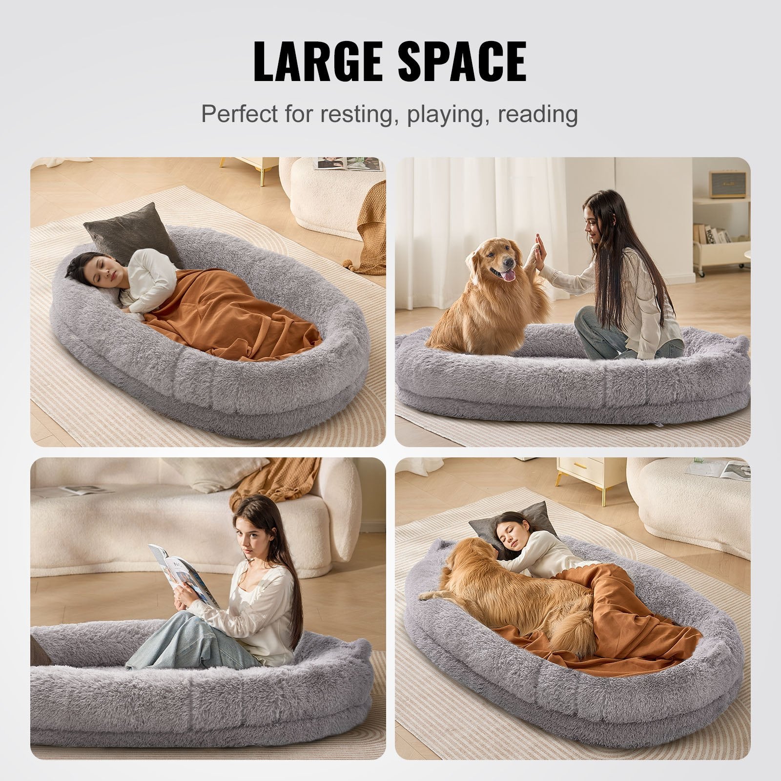 Human Dog Bed 1820x1220x250mm Adult Size Washable PV Velvet Egg Foam Light Grey