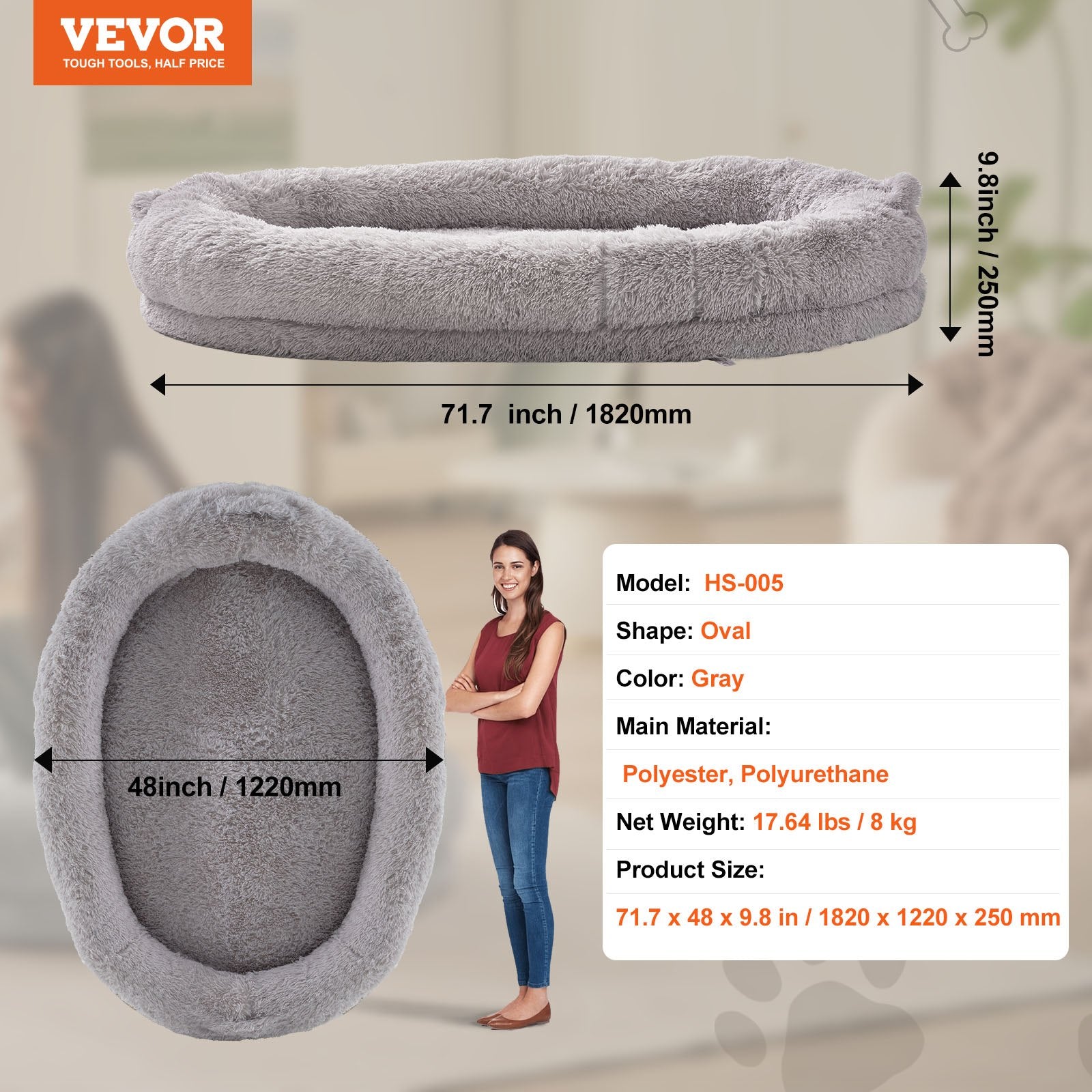 Human Dog Bed 1820x1220x250mm Adult Size Washable PV Velvet Egg Foam Light Grey