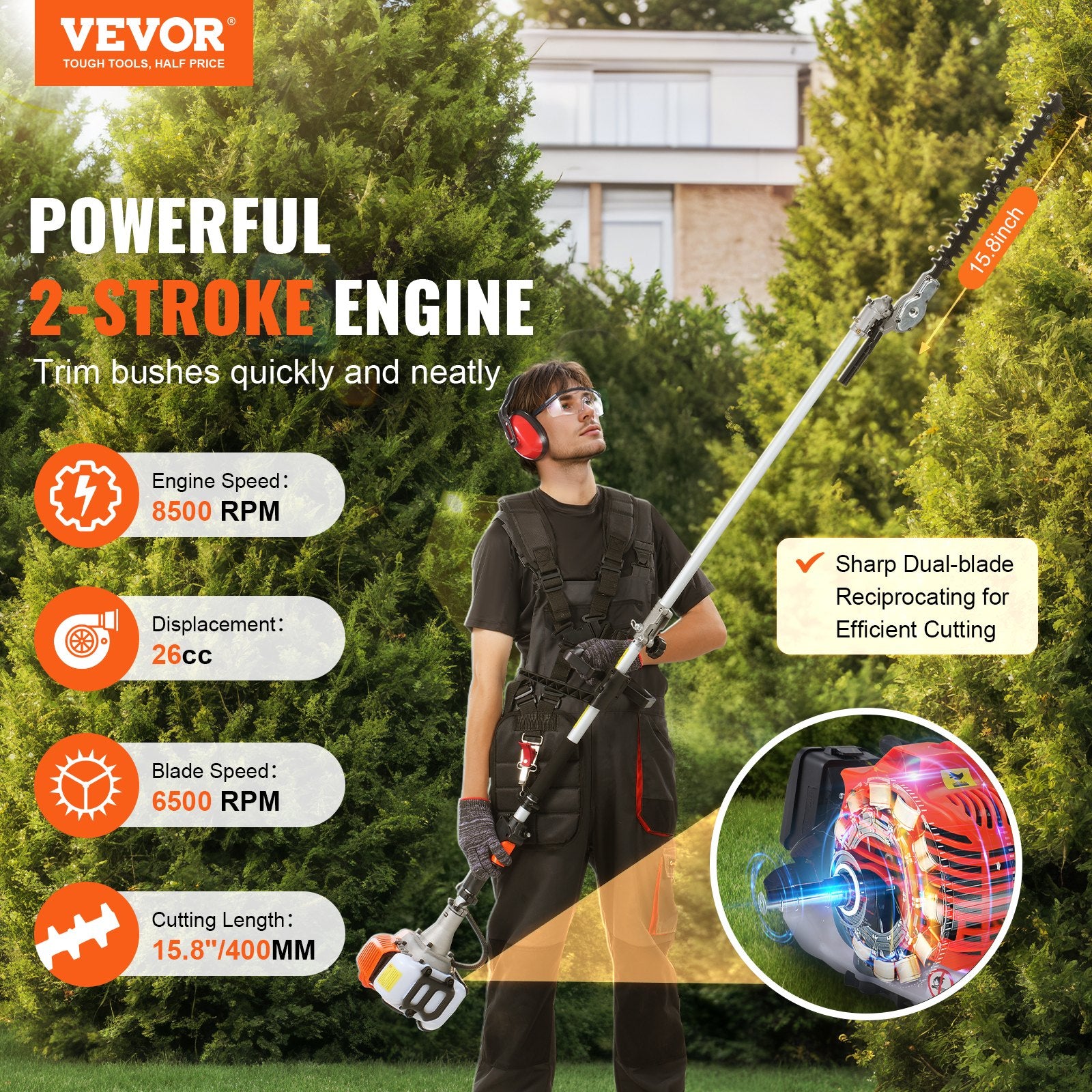 26CC Gas Hedge Trimmer 15.7-Inch 2 Cycle Dual Action Adjustable Head