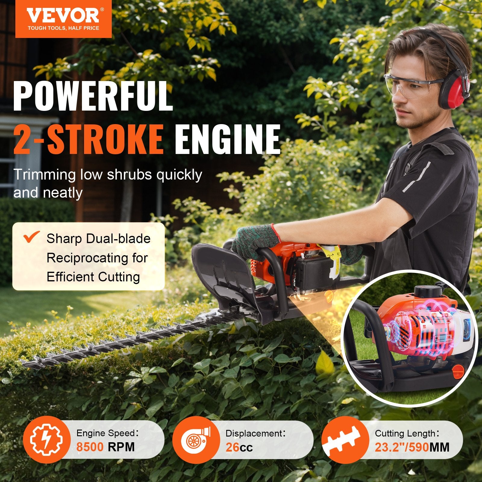 23.2-Inch 26CC 2-Cycle Gas Hedge Trimmer with Dual Action Blade, 180° Head