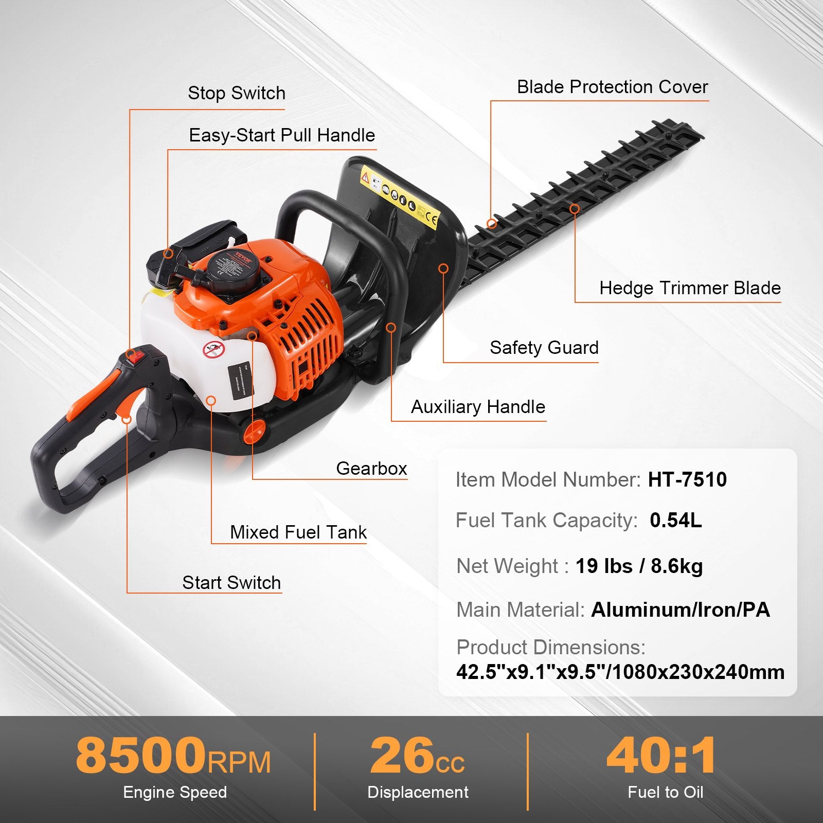 23.2-Inch 26CC 2-Cycle Gas Hedge Trimmer with Dual Action Blade, 180° Head
