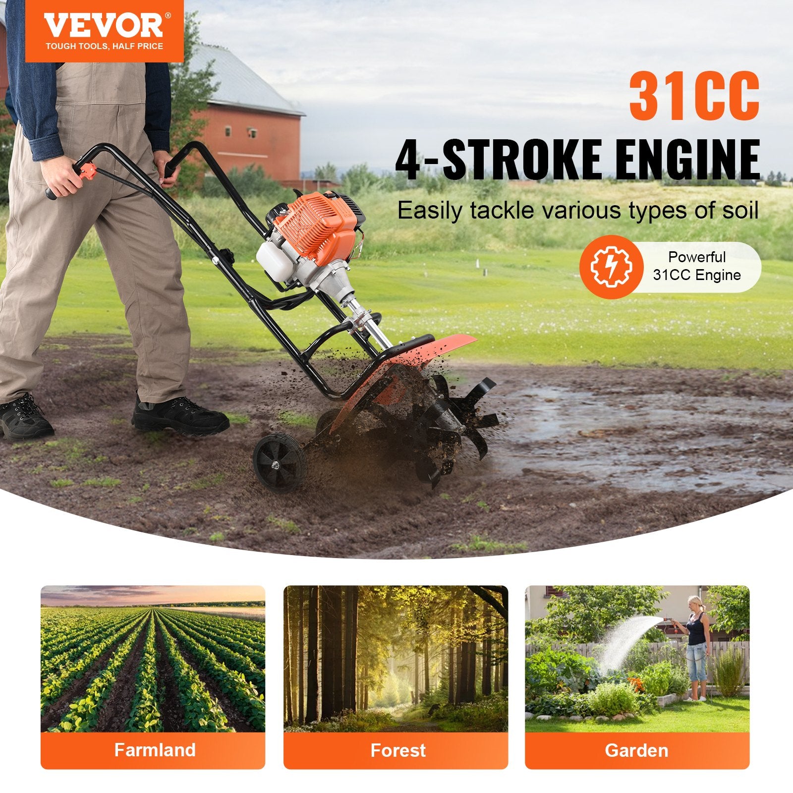 Tiller Cultivator Gas Powered 31CC 4-Stroke with 4 Adjustable Steel Front Tines