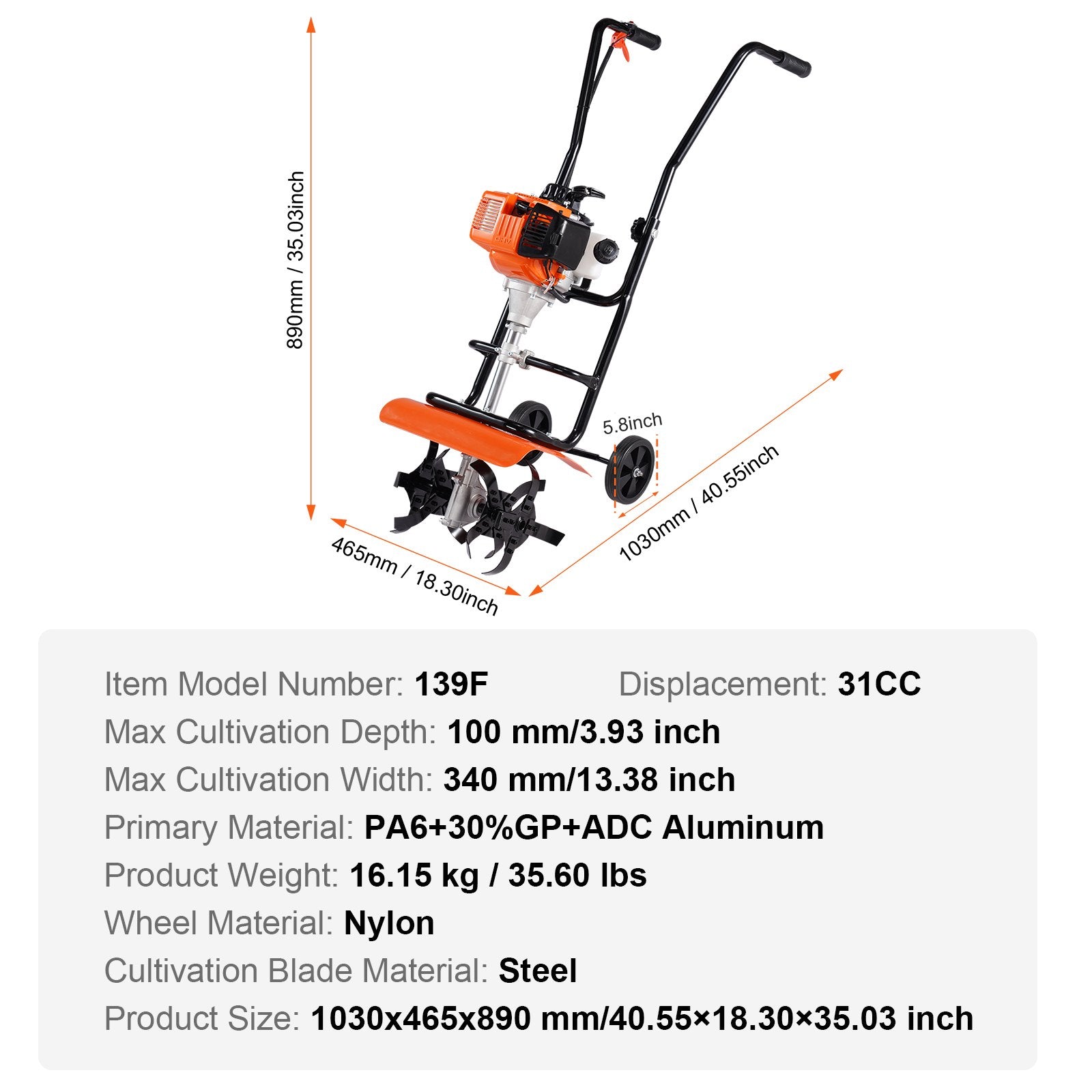Tiller Cultivator Gas Powered 31CC 4-Stroke with 4 Adjustable Steel Front Tines