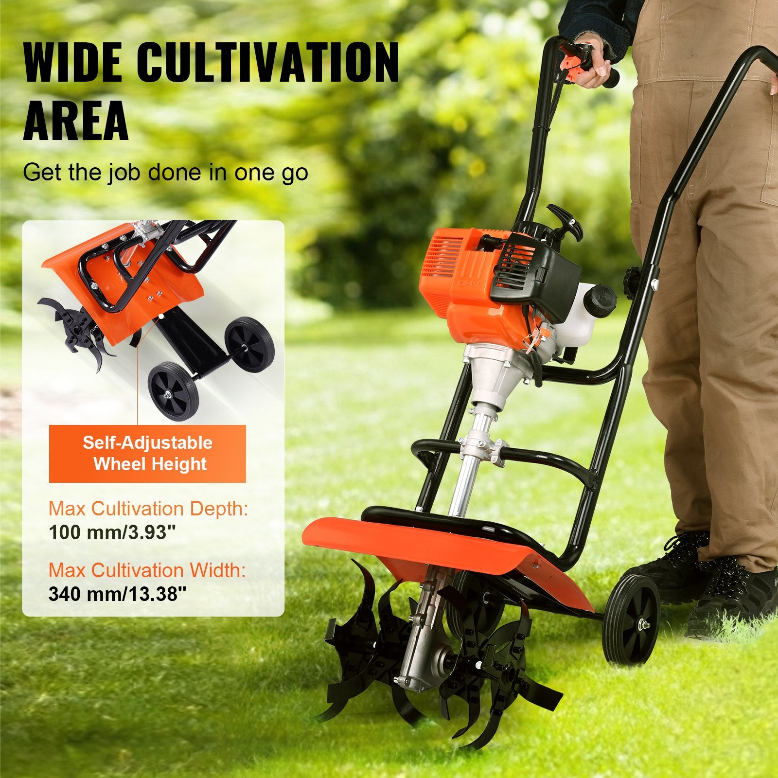 Tiller Cultivator Gas Powered 38CC 4-Stroke with 4 Adjustable Steel Front Tines
