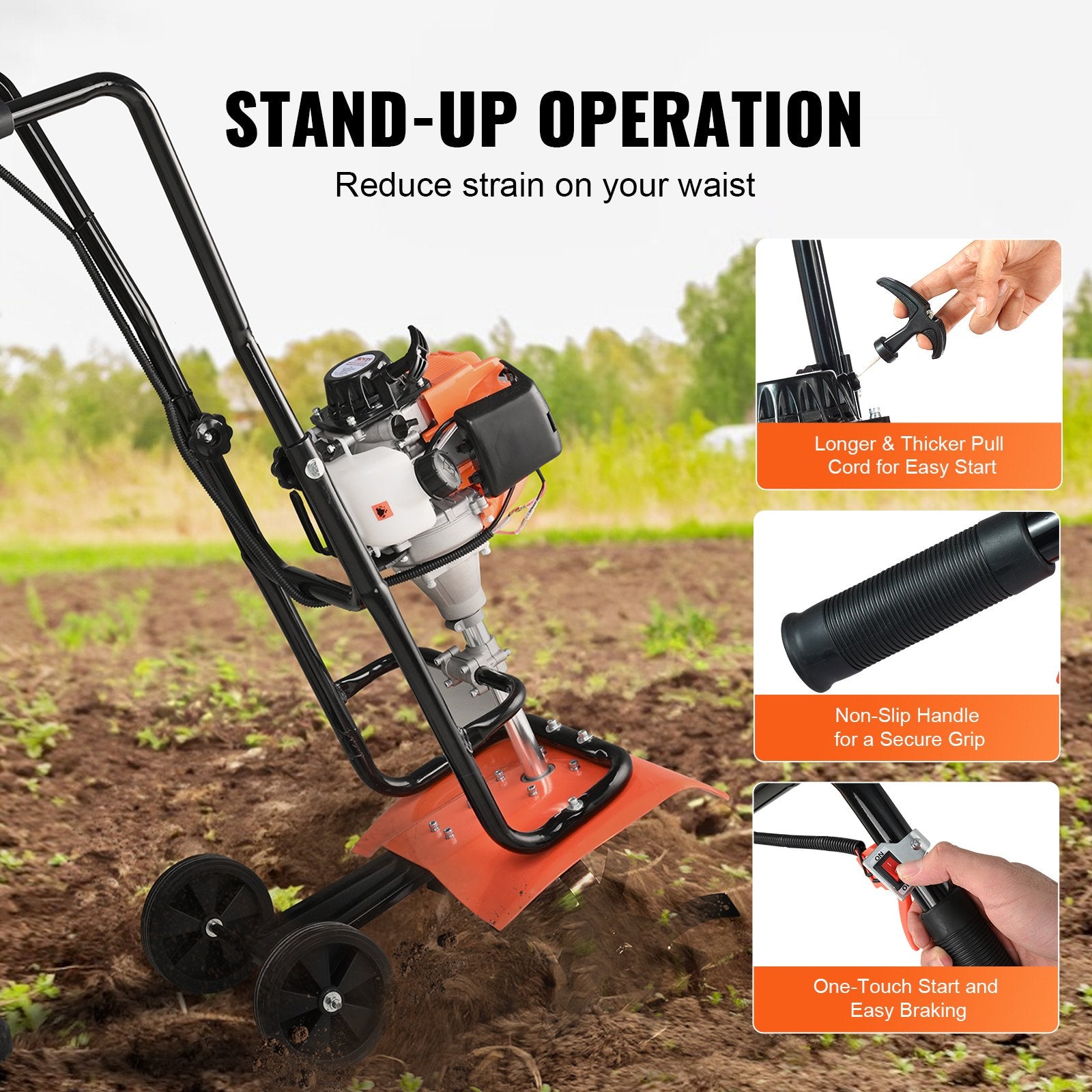 Tiller Cultivator Gas Powered 38CC 4-Stroke with 4 Adjustable Steel Front Tines