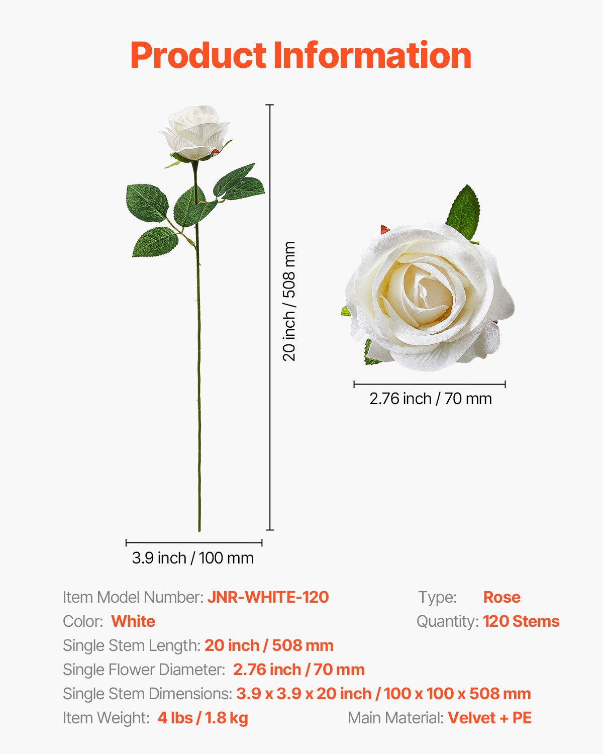 Artificial Flowers, 120pcs White Foam Roses Stems for DIY Wedding & Home Decor