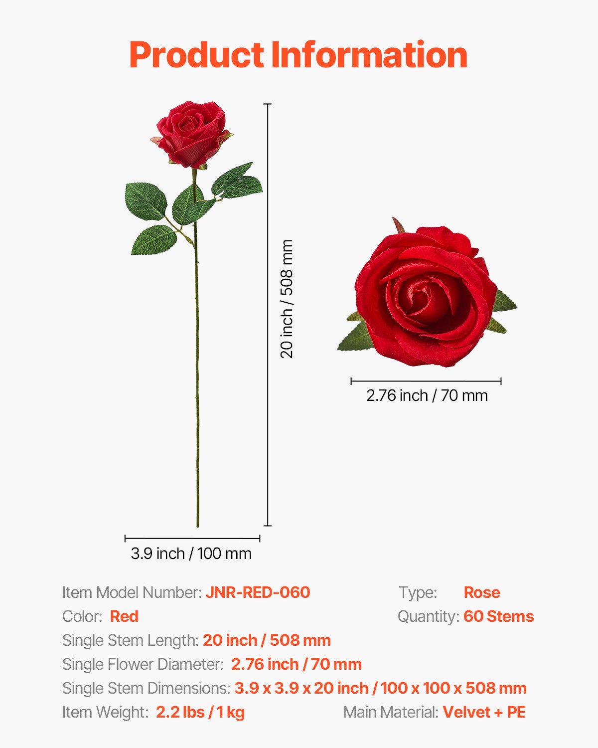 Artificial Flowers, 60pcs Red Foam Roses Stems for DIY Wedding & Home Decor