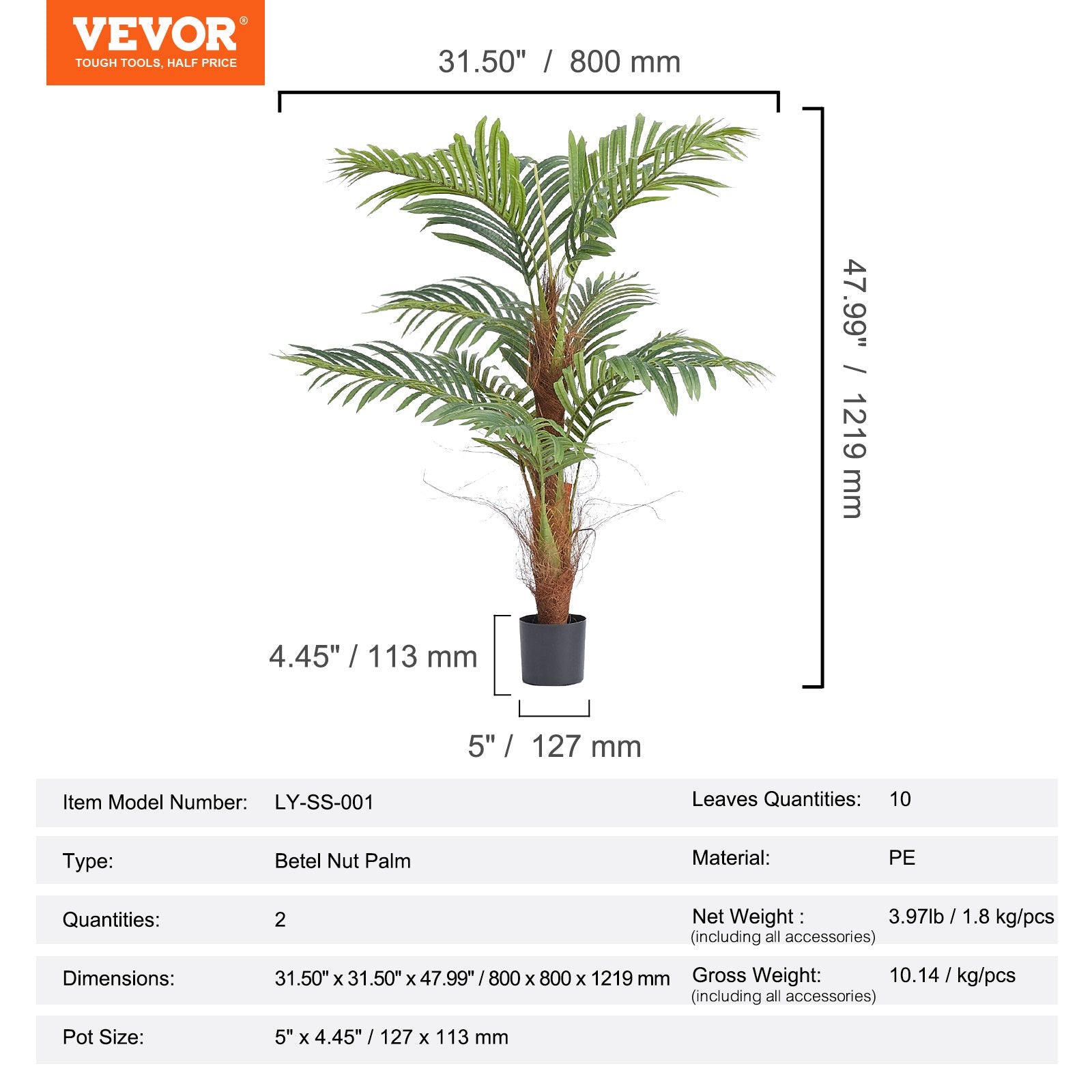 Artificial Palm Tree, 1219mm Tall Faux Plant for Indoor Outdoor Decor