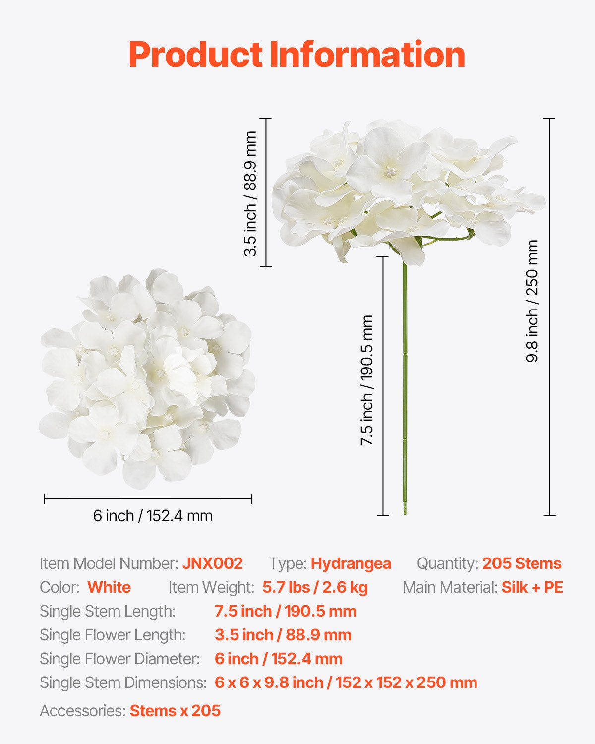 Artificial Flowers 205pcs White Silk Hydrangea Stems DIY Wedding Home Décor
