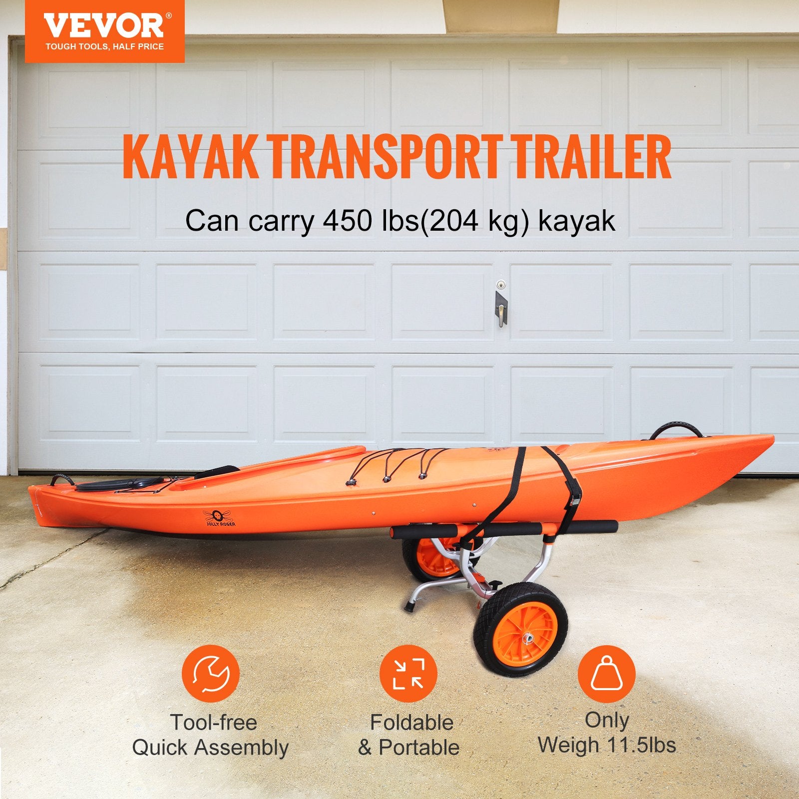 Kayak Cart Heavy Duty Detachable Trolley Solid Tires Adjustable Nonslip 204kg