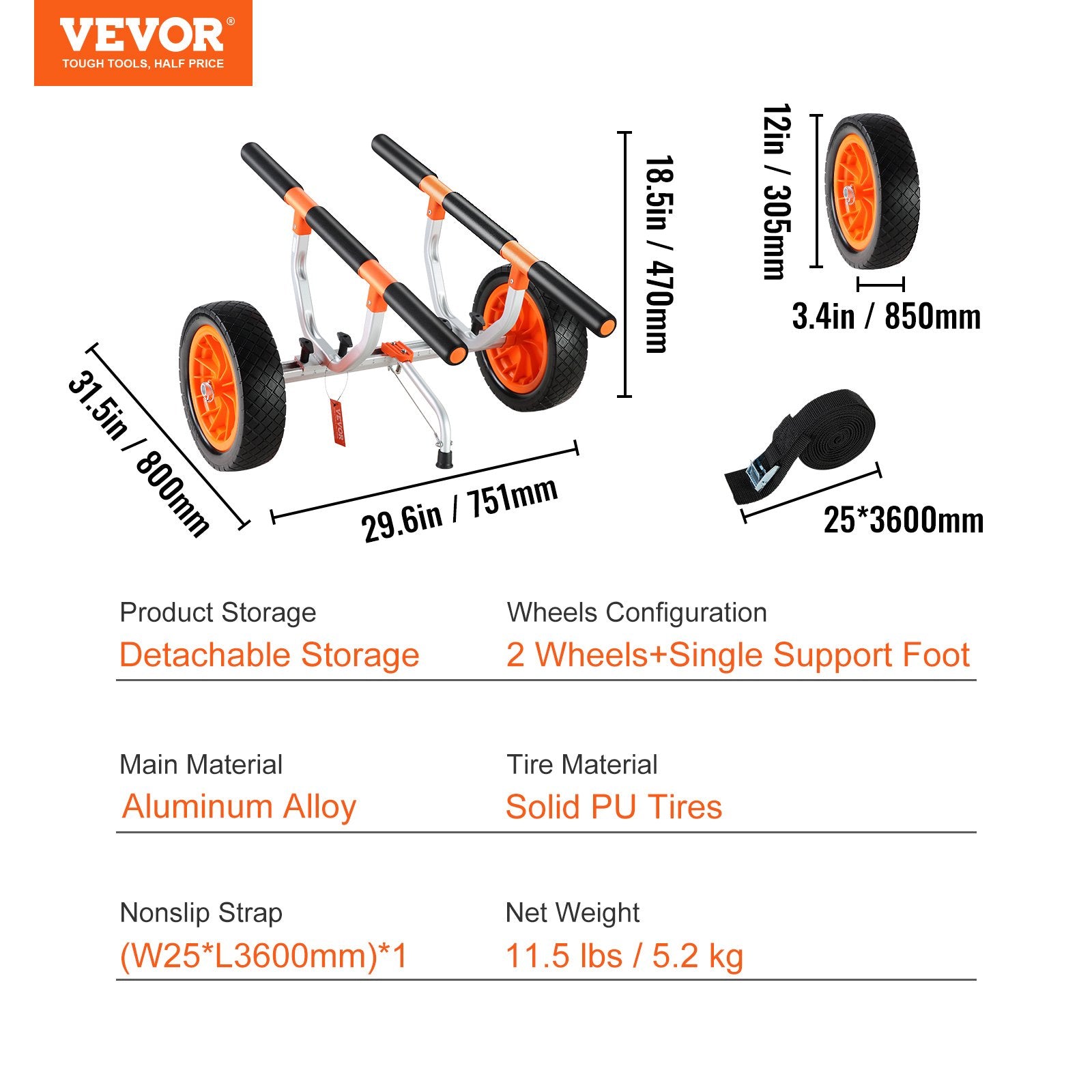 Kayak Cart Heavy Duty Detachable Trolley Solid Tires Adjustable Nonslip 204kg