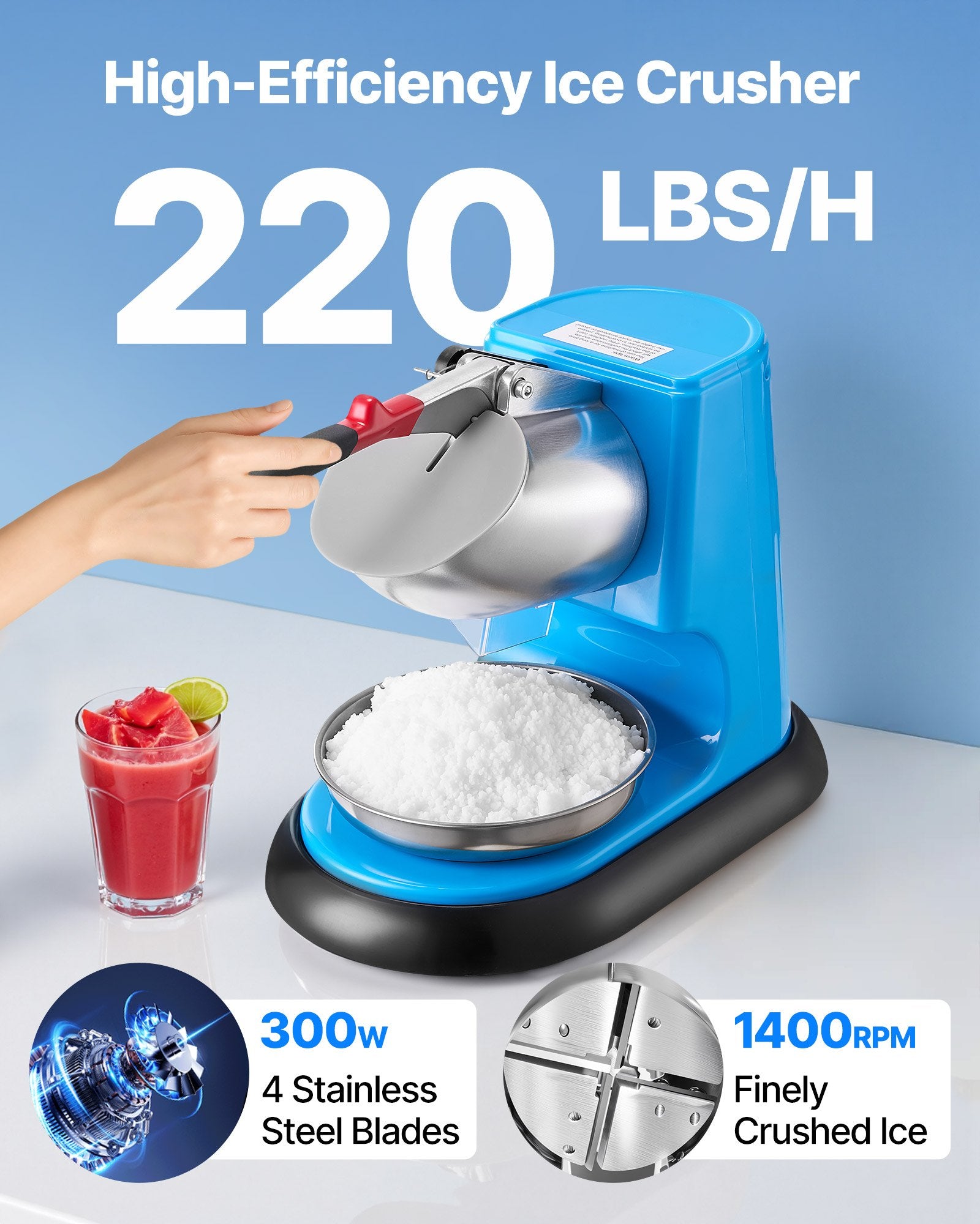 Ice Crusher Machine 100kg/hr Electric 4 Blades 300W Shaved Ice Machine Blue