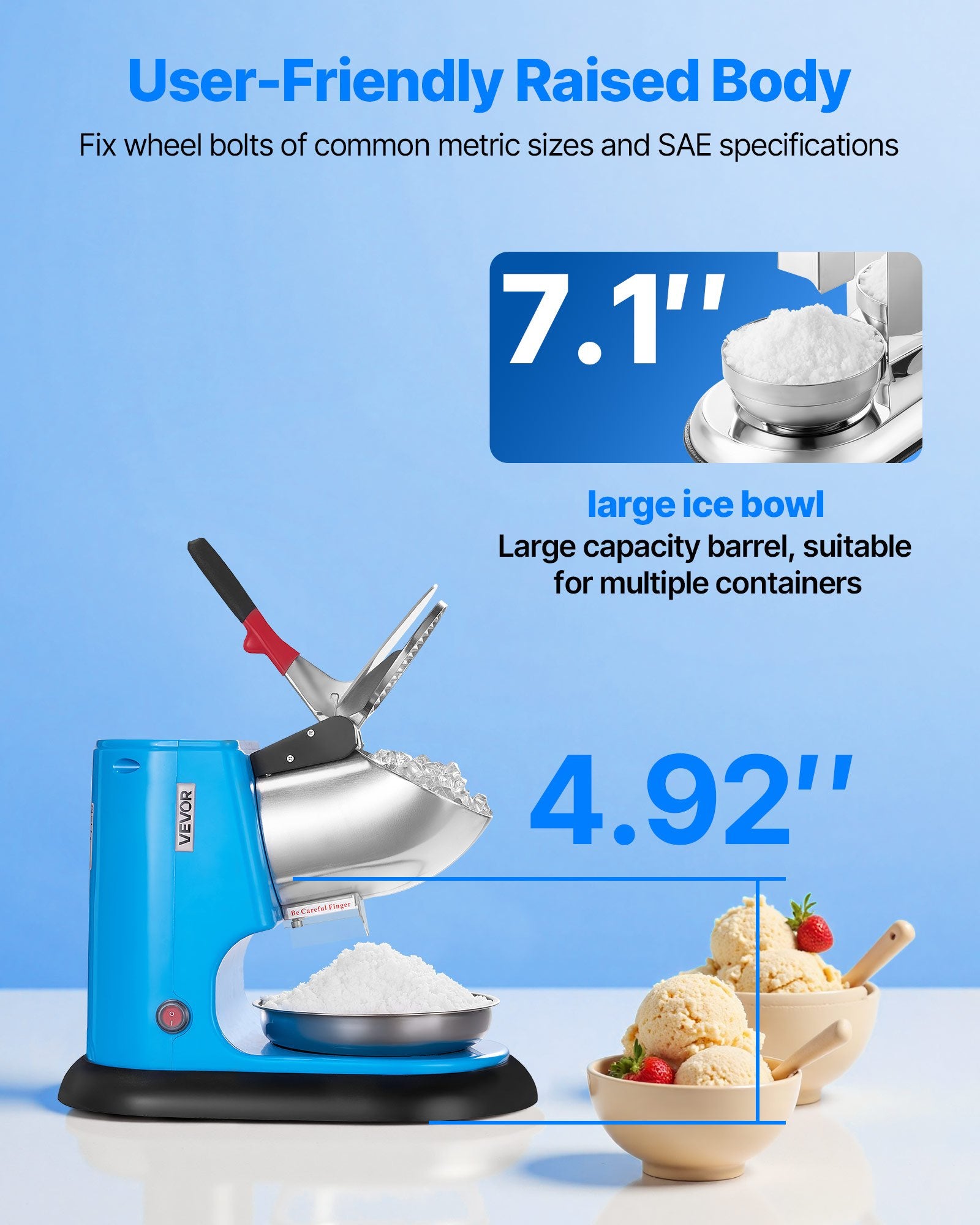 Ice Crusher Machine 100kg/hr Electric 4 Blades 300W Shaved Ice Machine Blue