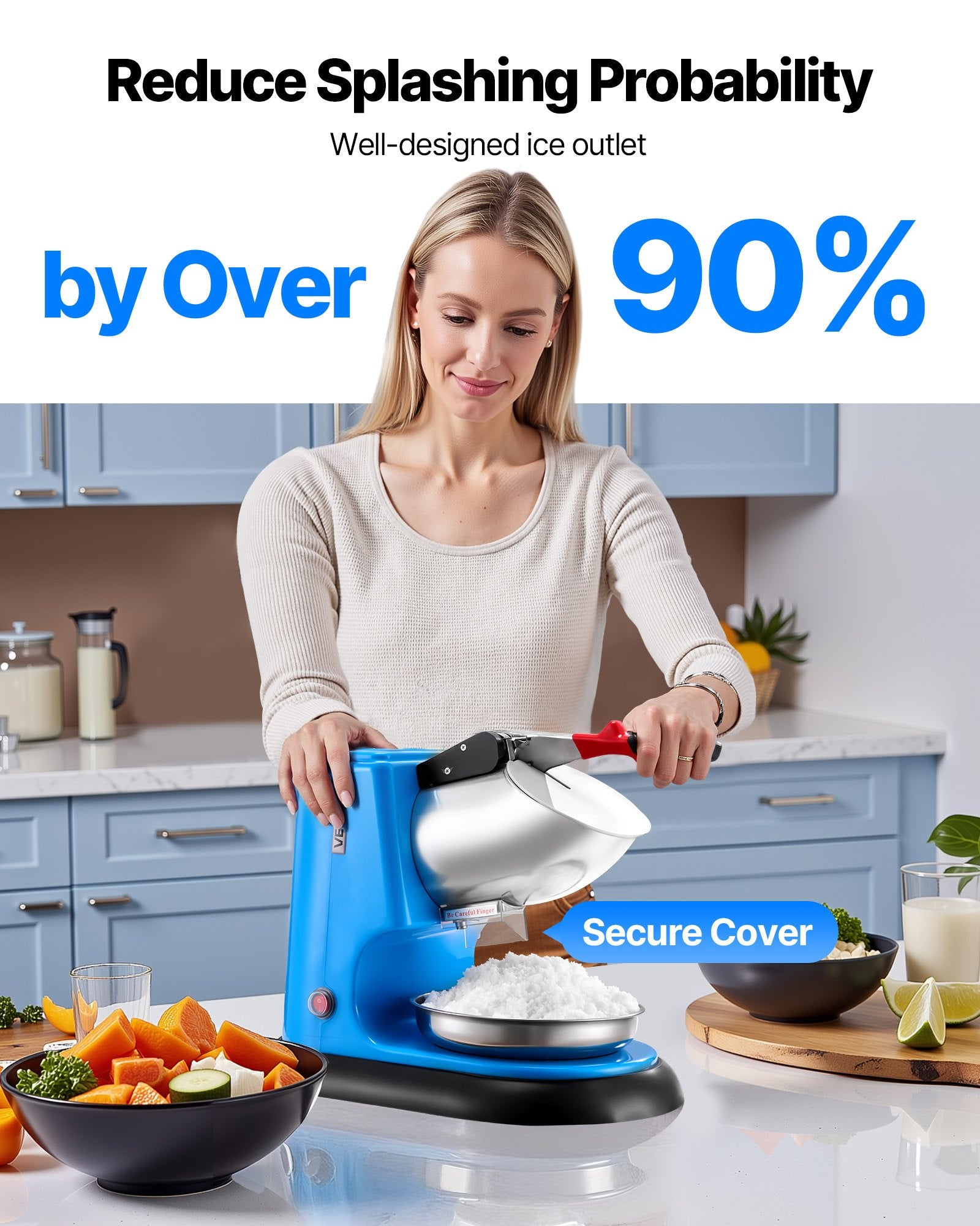 Ice Crusher Machine 100kg/hr Electric 4 Blades 300W Shaved Ice Machine Blue