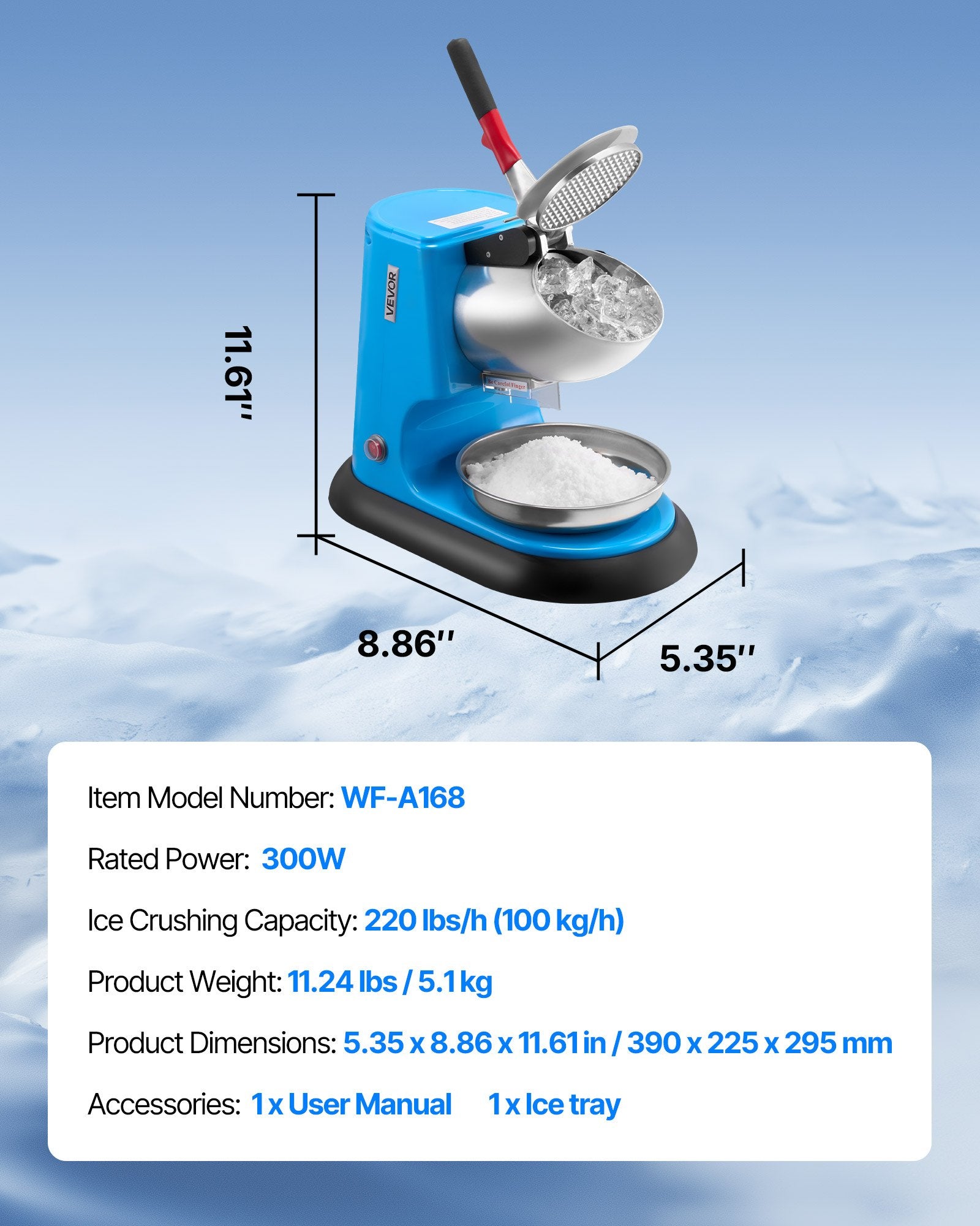 Ice Crusher Machine 100kg/hr Electric 4 Blades 300W Shaved Ice Machine Blue