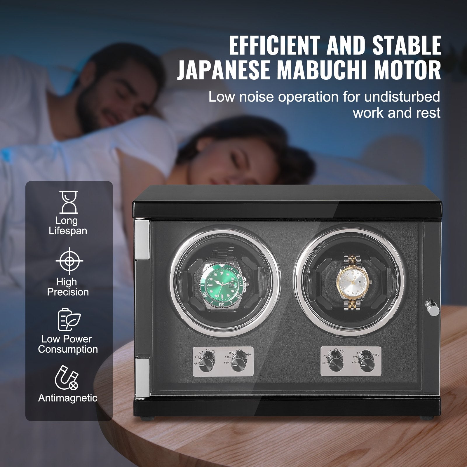 Watch Winder Dual Automatic with 2 Japanese Mabuchi Motors Blue LED Black PU
